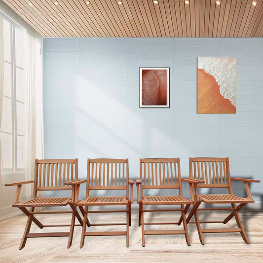 Four natural wood folding chairs with slatted seats and backs perfect for outdoor seating