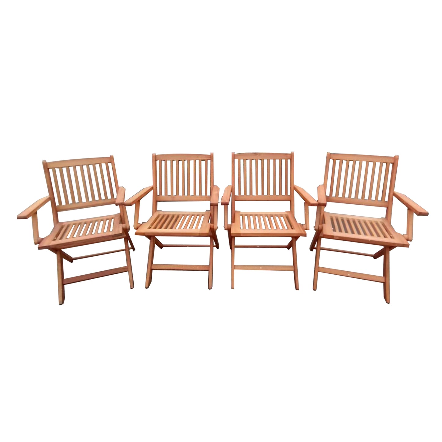 Four natural wood folding chairs with slatted seats and backs perfect for outdoor use