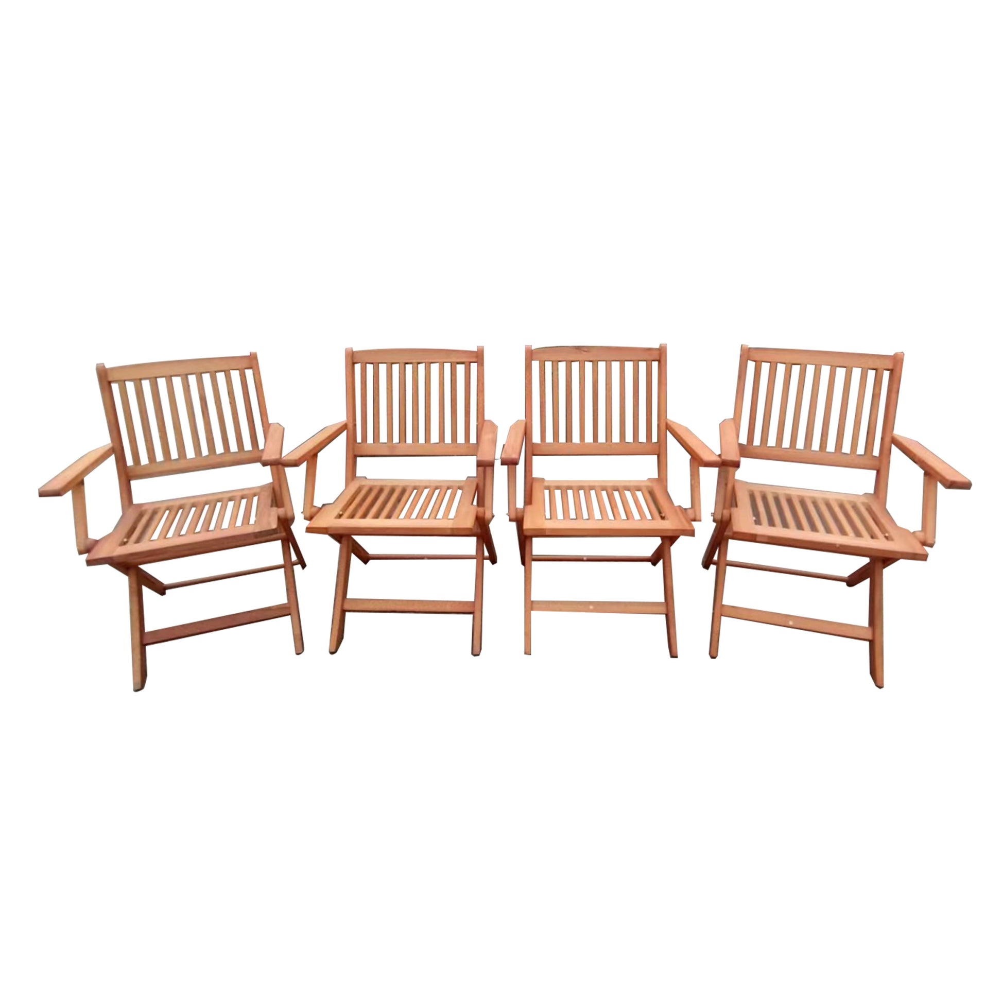 Four natural wood folding chairs with slatted seats and backs perfect for outdoor use