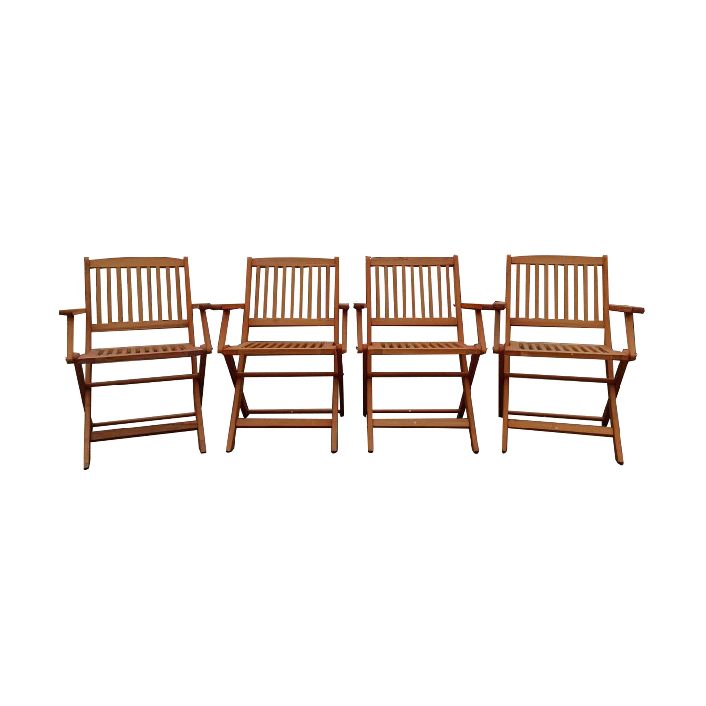 Four identical wooden folding chairs with slatted backs and seats perfect for outdoor patio use