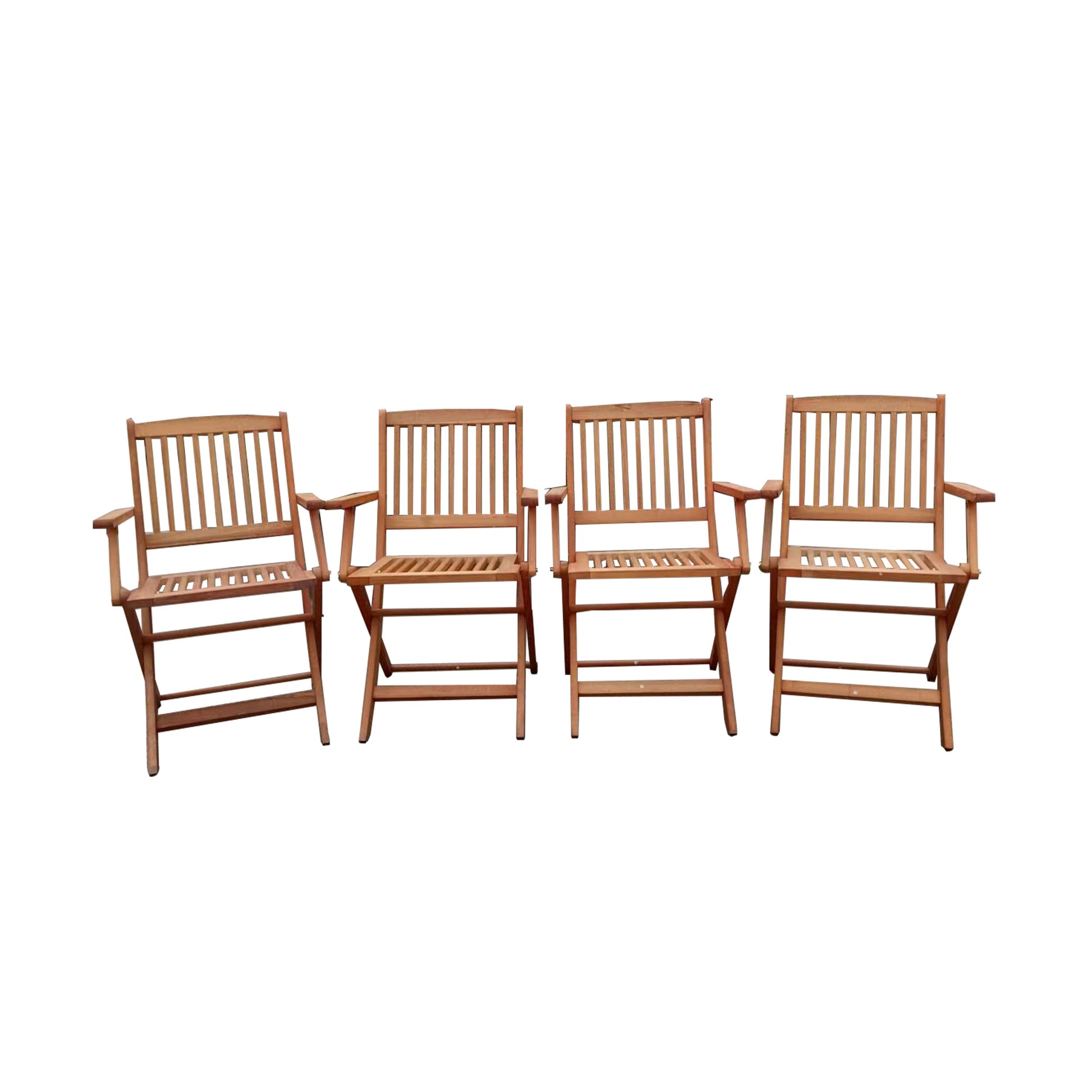 Four natural wood folding patio chairs with slatted seats and backs