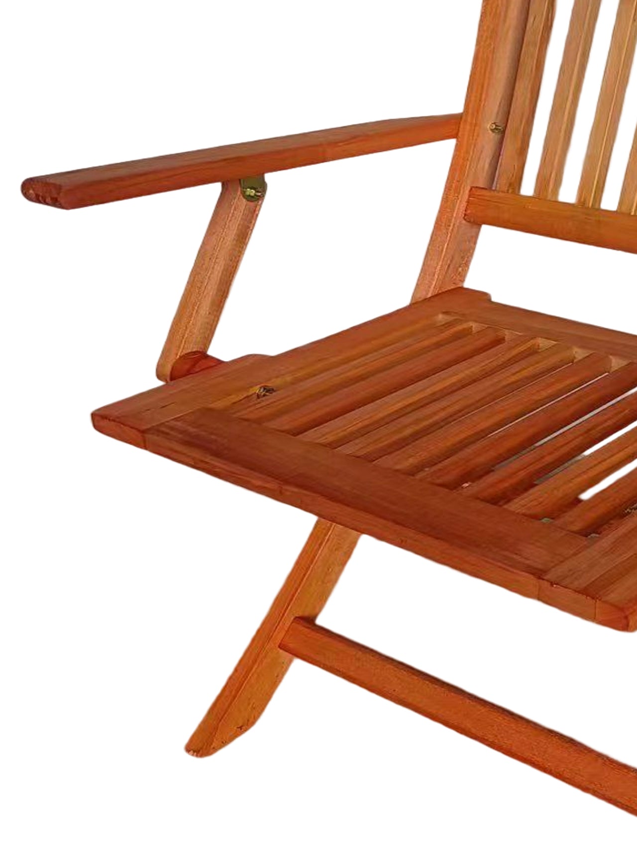 Closeup of a slatted wooden folding chair in a rich brown tone