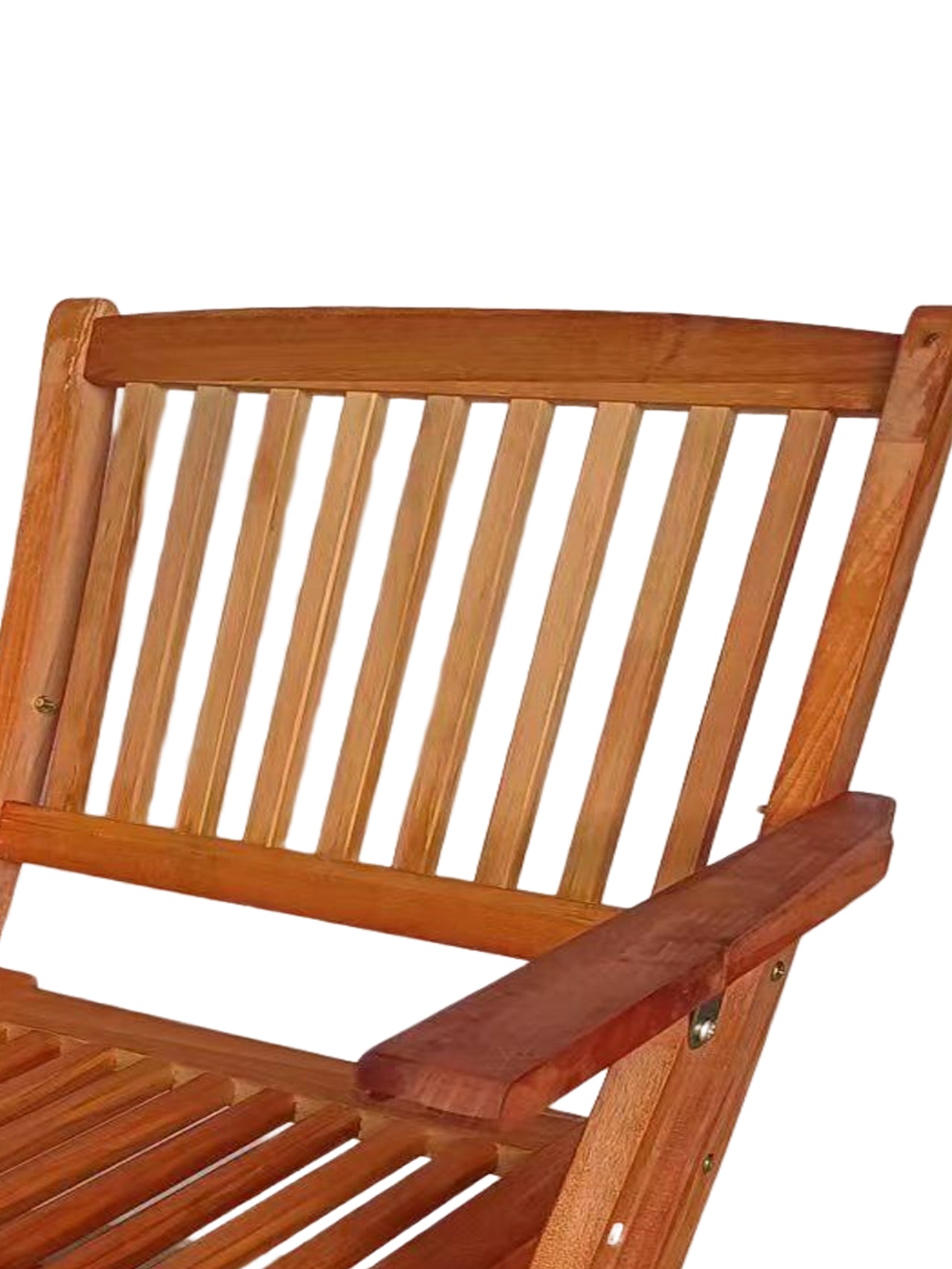 Closeup of a rustic wooden Adirondack chair back with slatted design and armrest