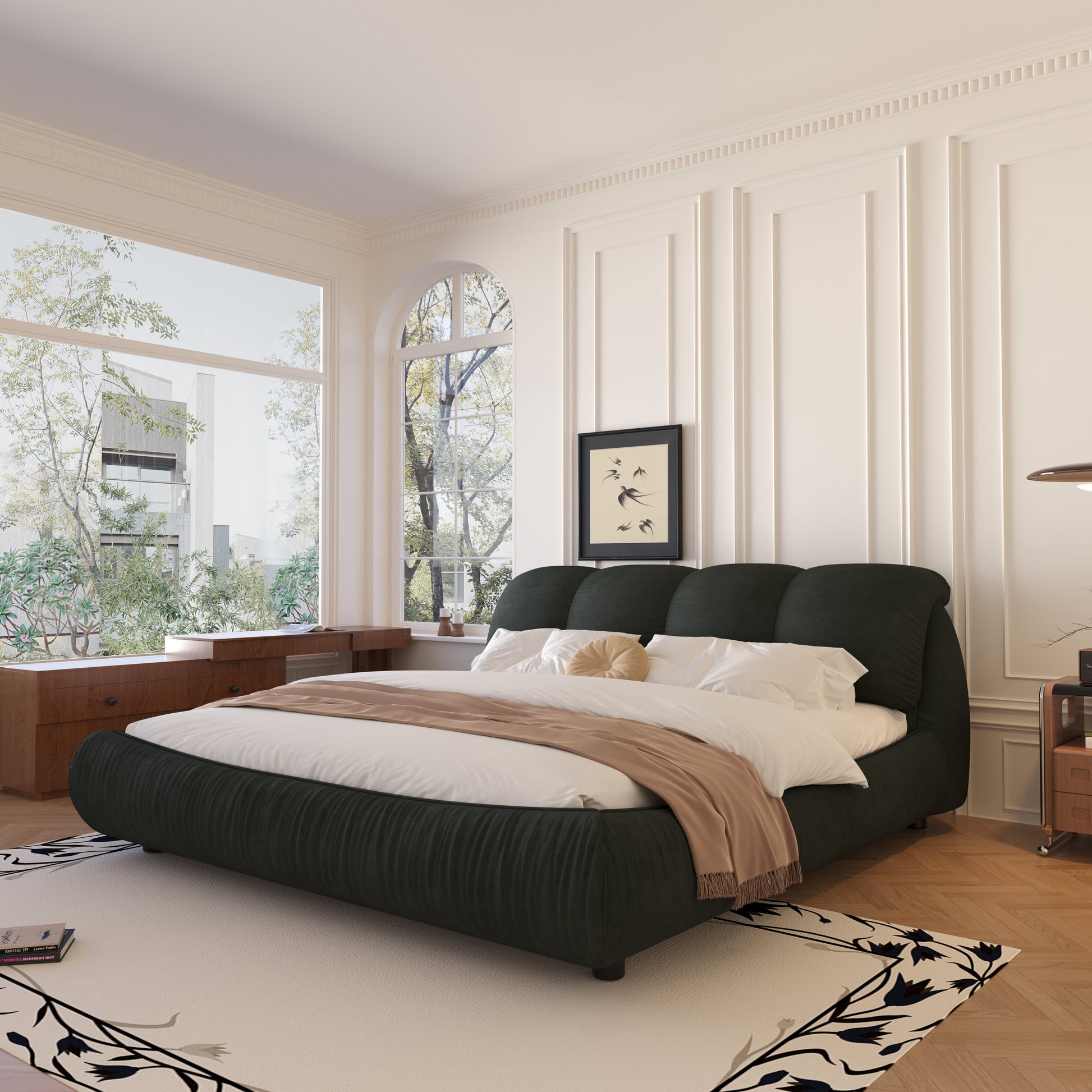 Dark green velvet channel tufted platform bed with a wood dresser