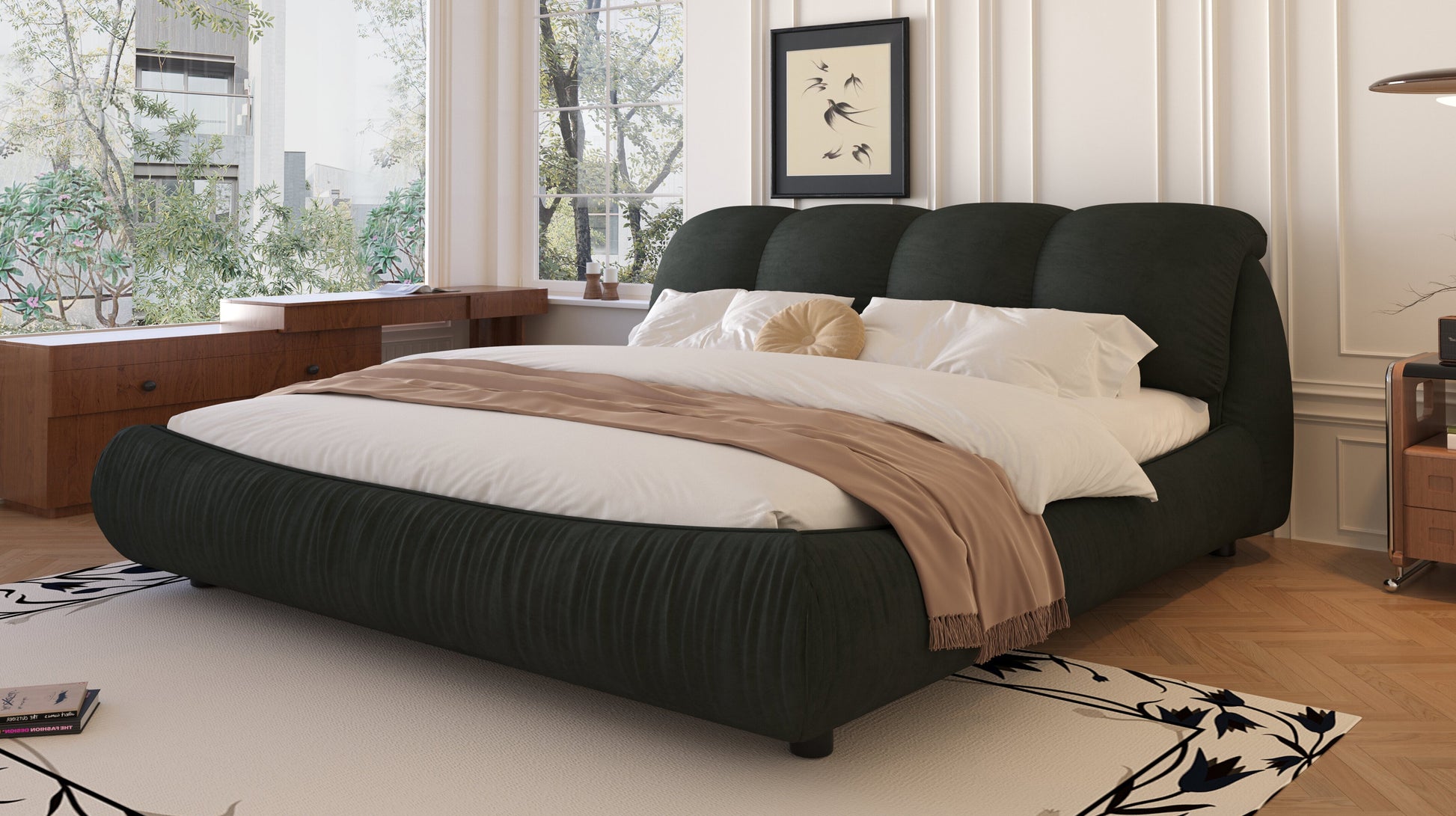 Modern dark green upholstered king bed with fluted design and taupe throw