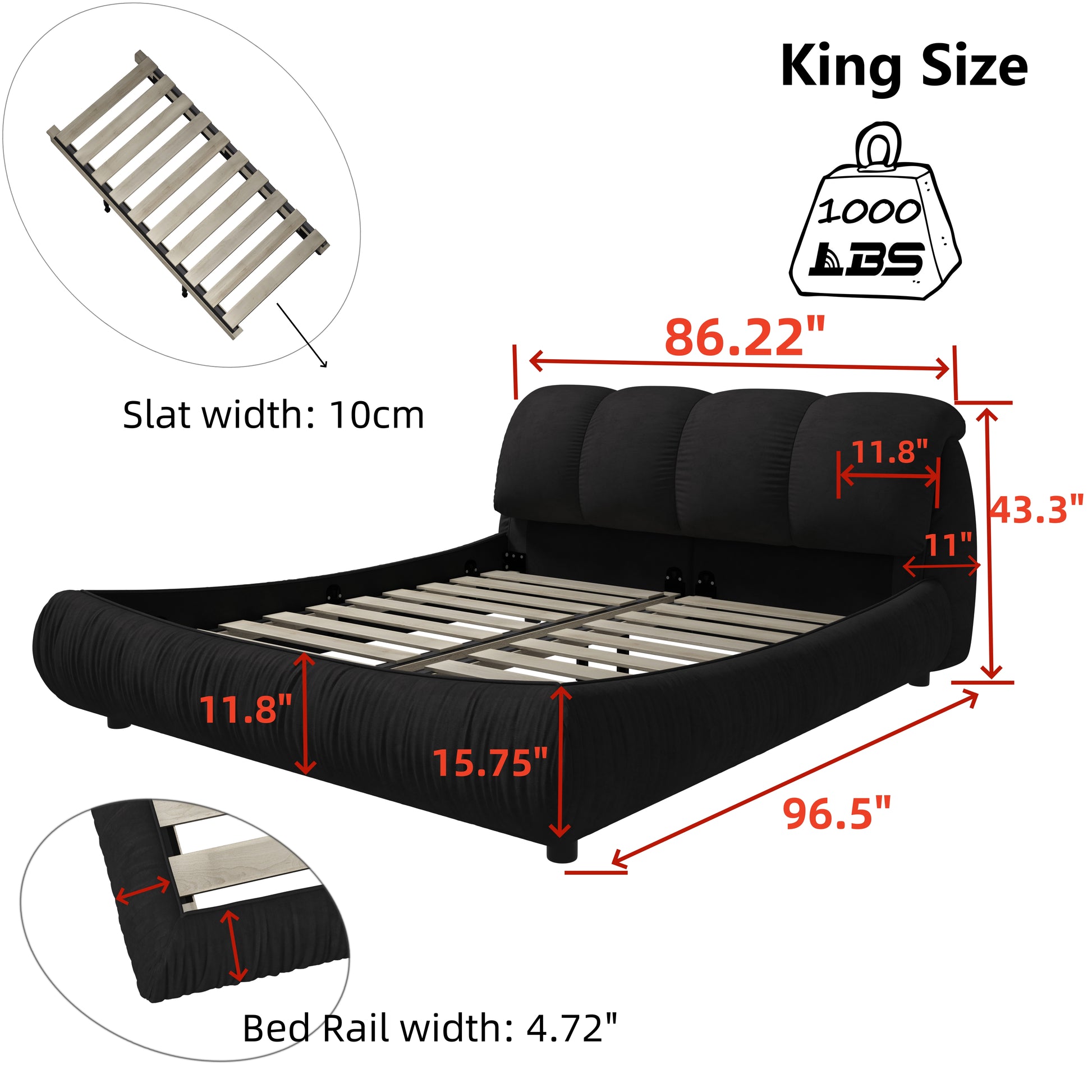 Black king size upholstered bed frame with padded headboard and wooden slats