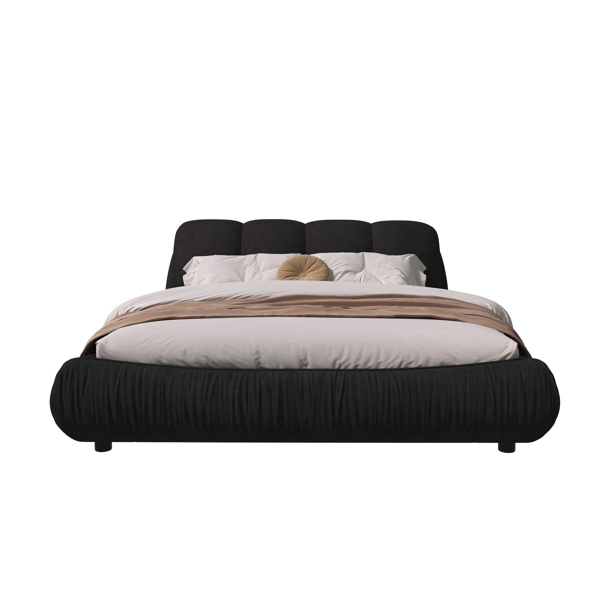 Tufted black velvet king size bed with white linens and taupe throw