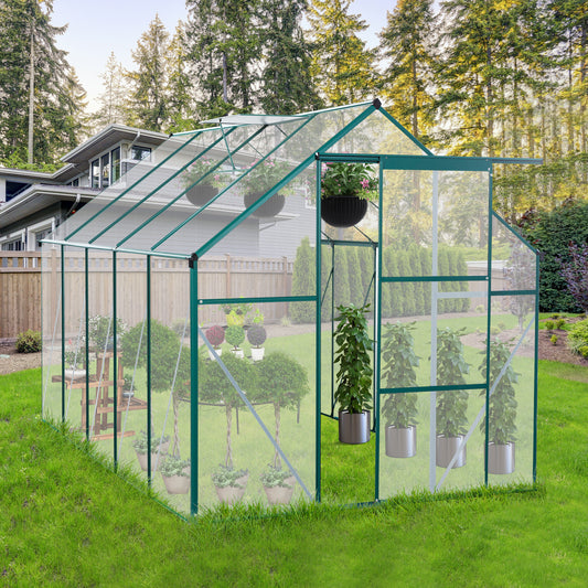 Green aluminum frame greenhouse with transparent panels ideal for backyard gardening
