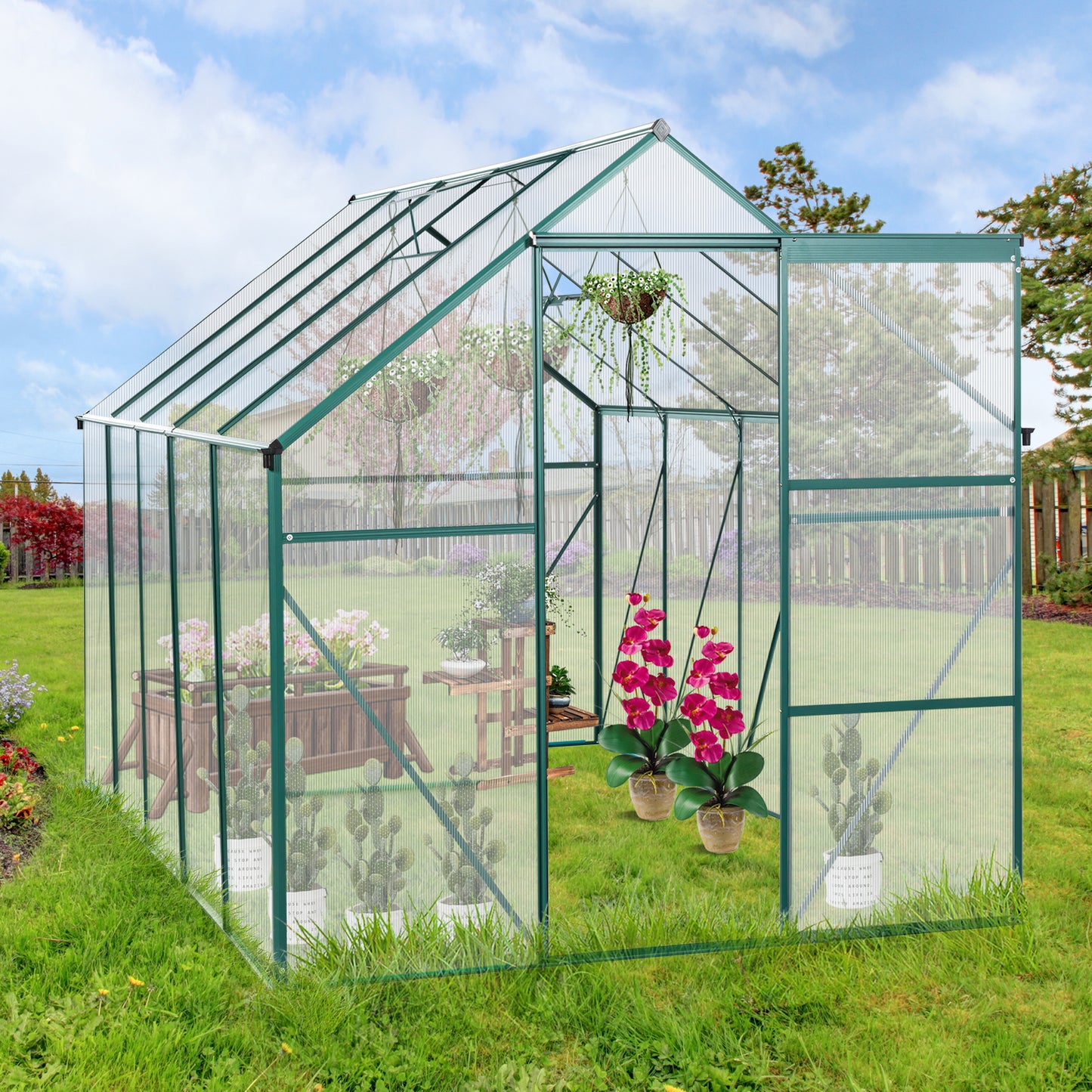 Walkin greenhouse with green aluminum frame and polycarbonate panels ideal for starting seeds
