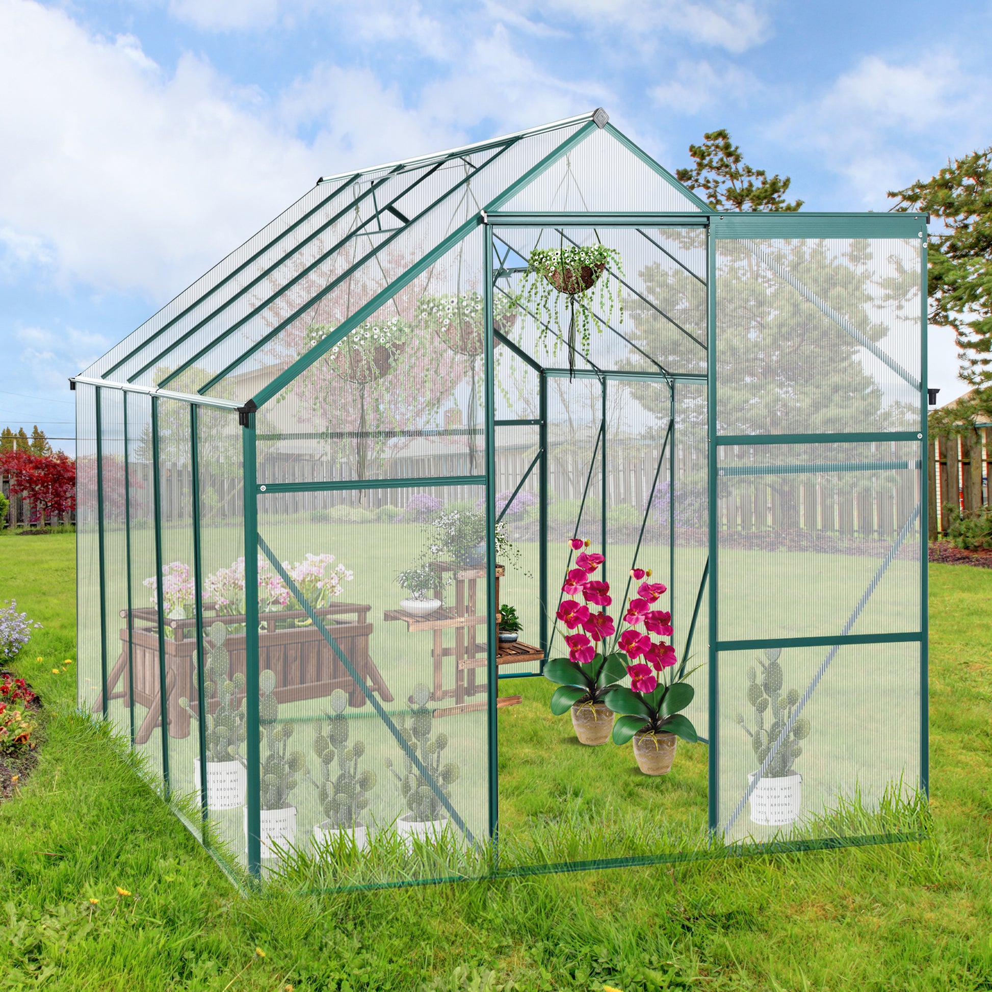 Walkin greenhouse with green aluminum frame and polycarbonate panels ideal for starting seeds