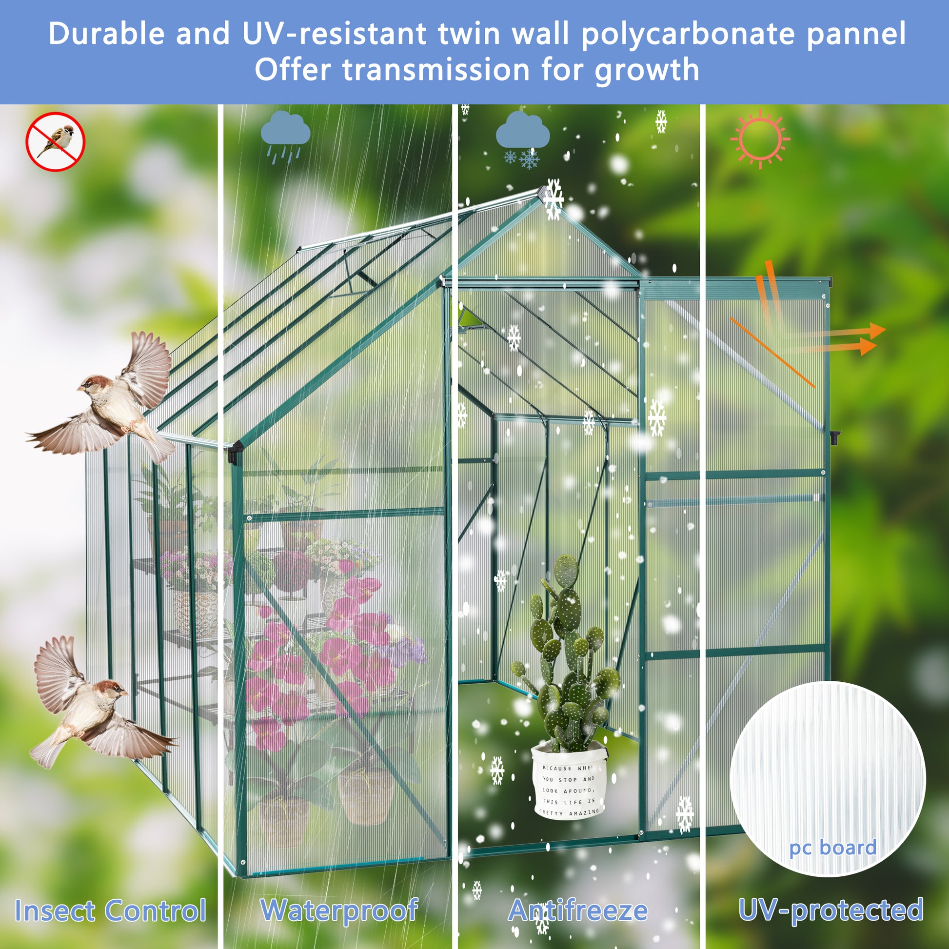 Green polycarbonate greenhouse with insect control feature