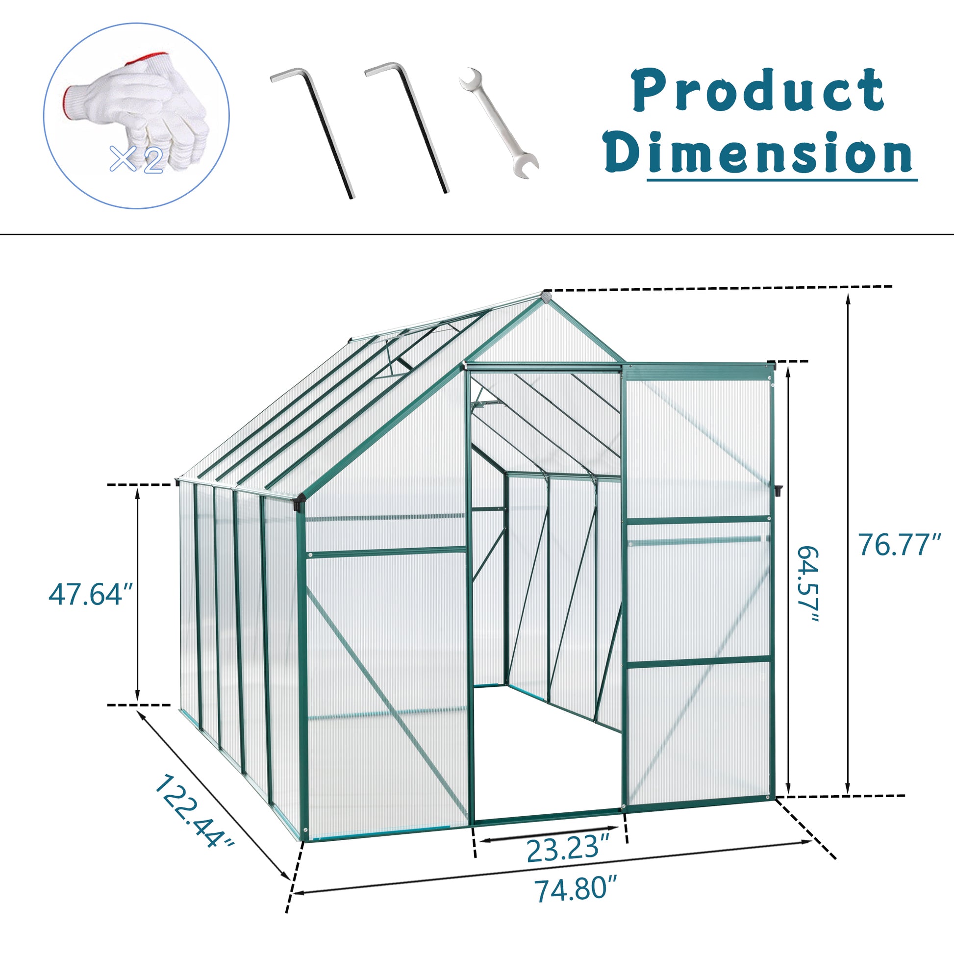 Green polycarbonate greenhouse dimensions  L x  W x  H including accessories