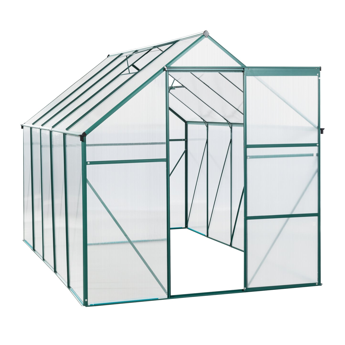 Green aluminum frame greenhouse with polycarbonate panels and open double doors