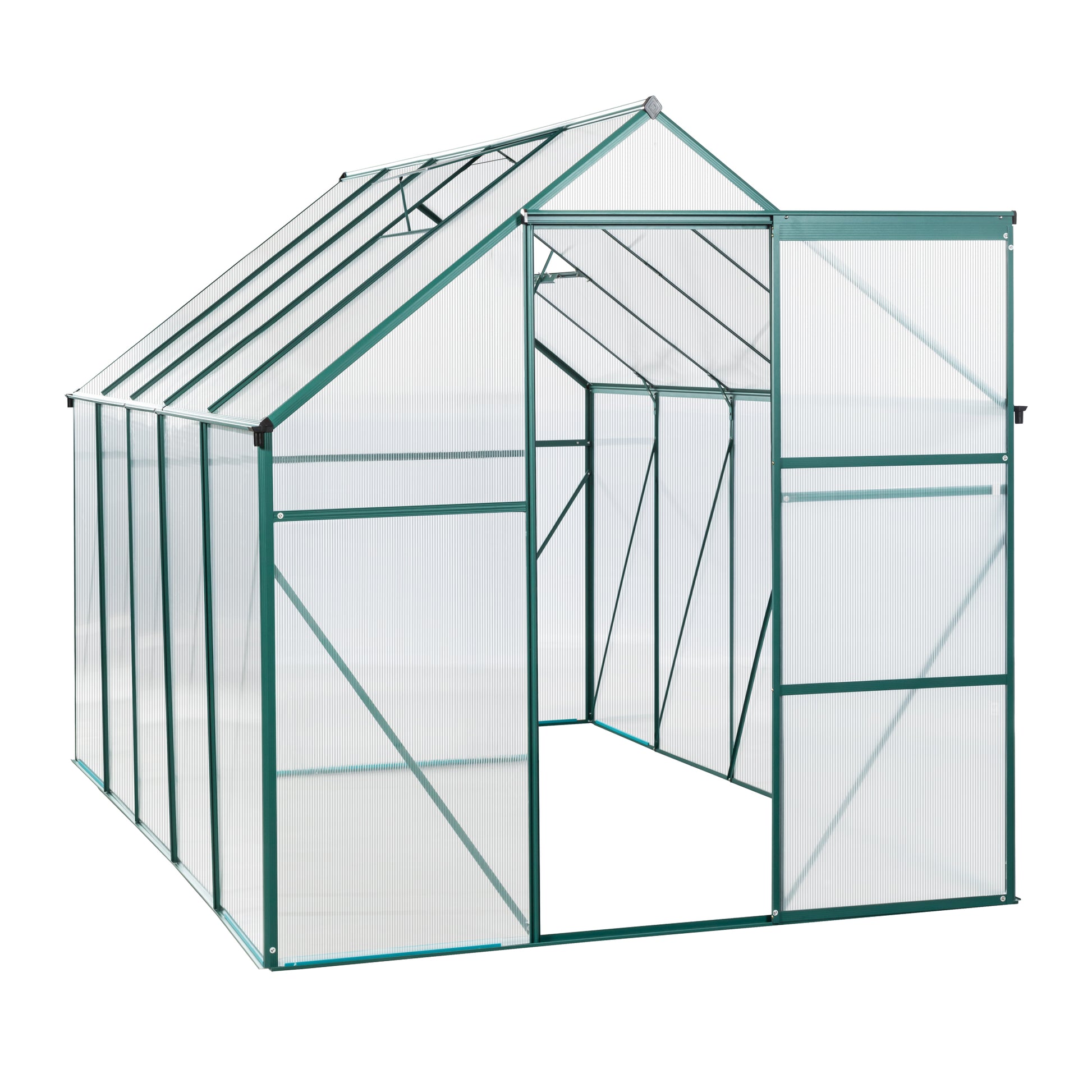 Green aluminum frame greenhouse with polycarbonate panels and open double doors