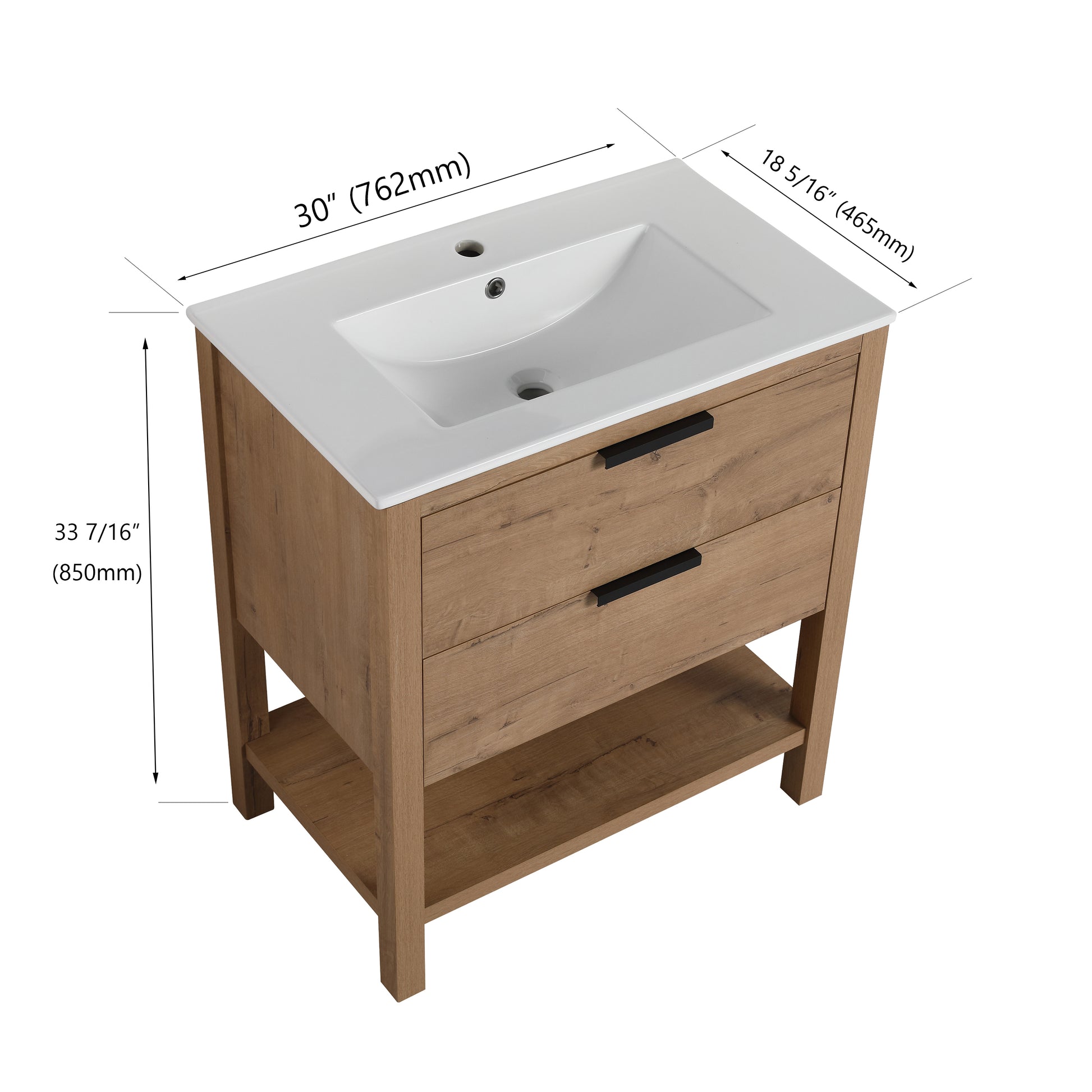 inch oak wood bathroom vanity with white ceramic sink and black handles