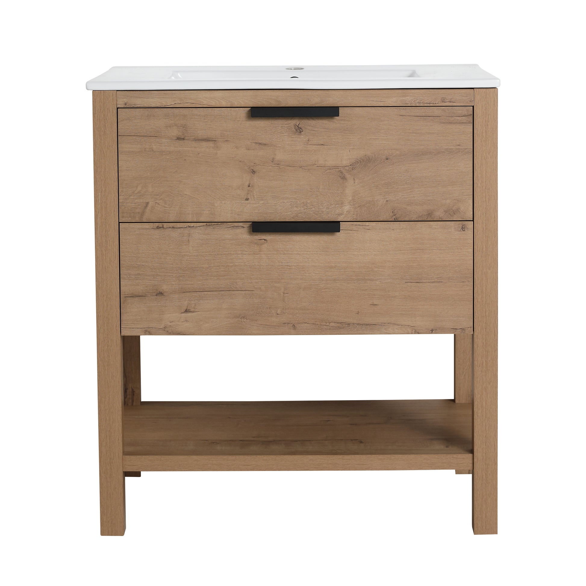 Modern oak wood bathroom vanity with two drawers and open shelf