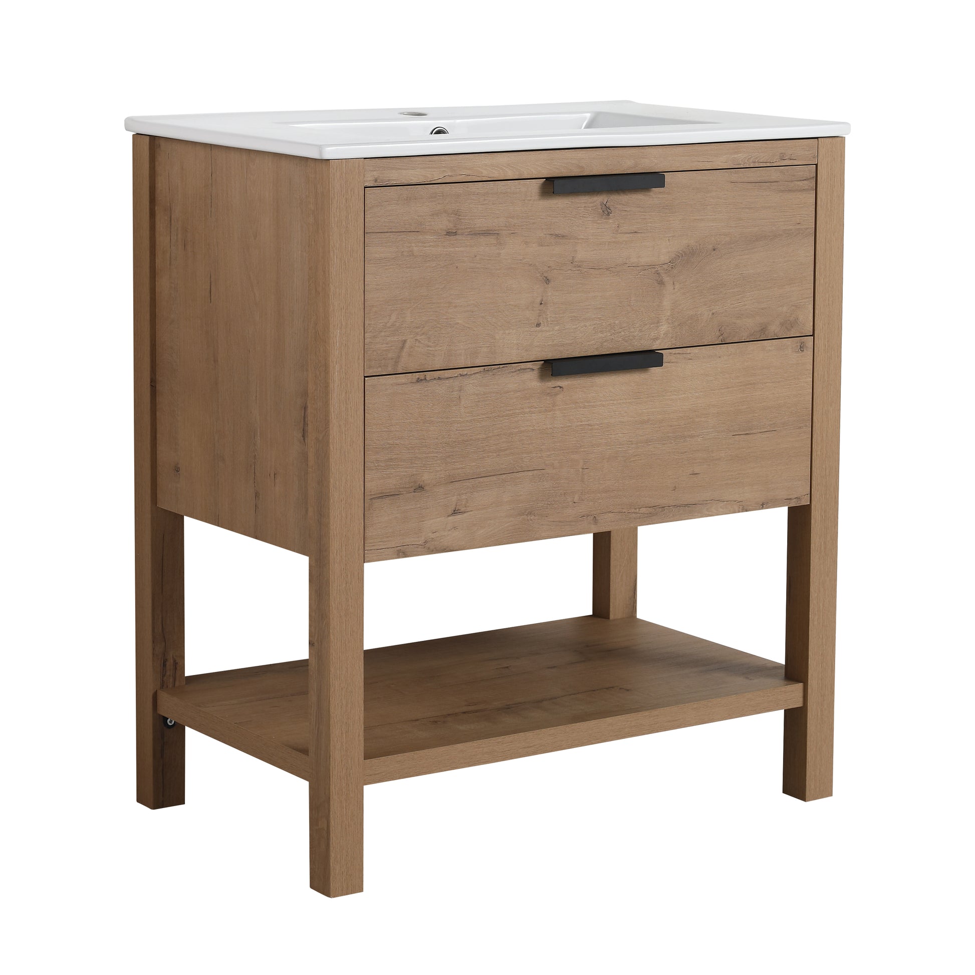 Modern oak veneer bathroom vanity with white ceramic sink and black hardware