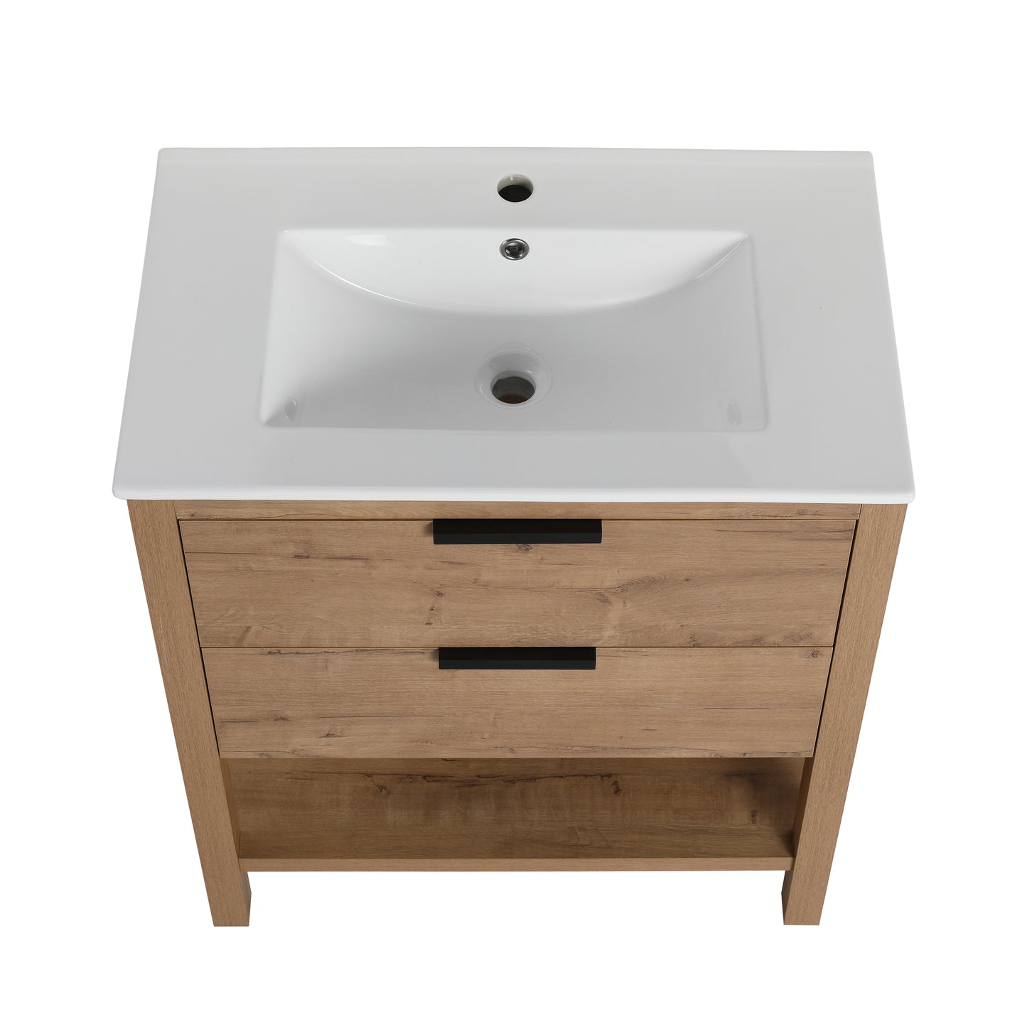 Modern oak vanity with white ceramic sink and two black drawer pulls