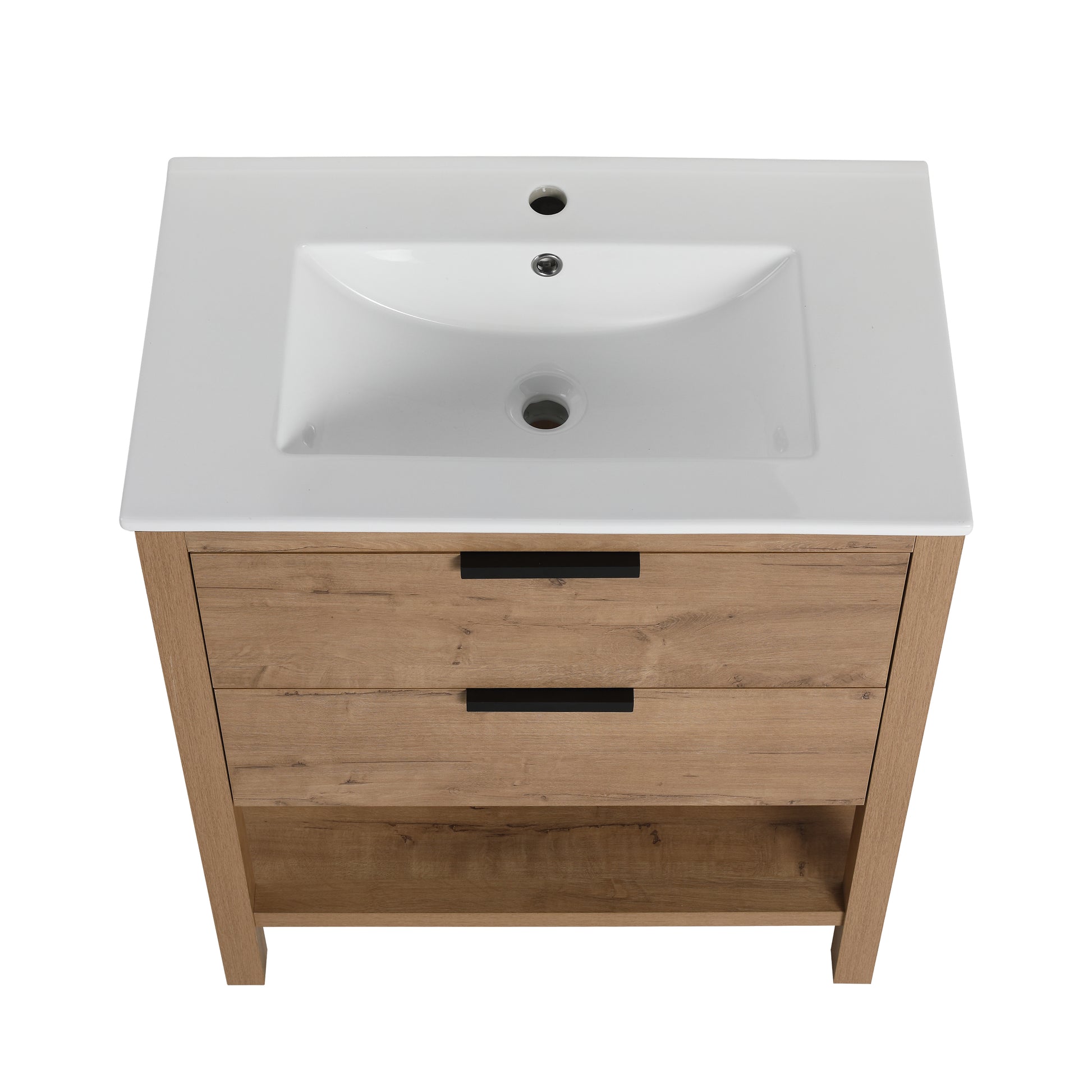 Modern oak vanity with white ceramic sink and two black drawer pulls
