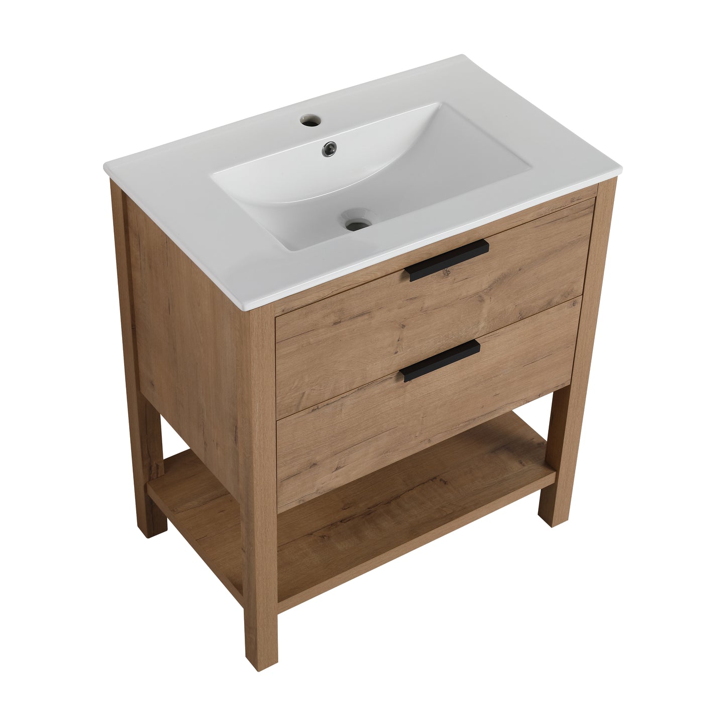 Modern oak vanity with white ceramic sink and black drawer pulls