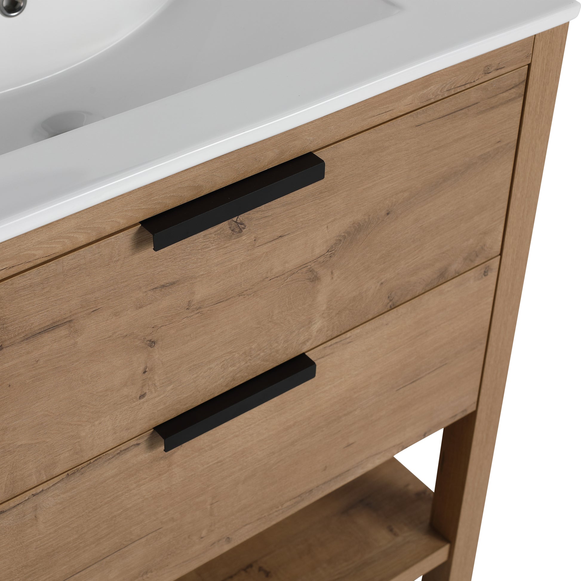 Oak vanity cabinet with two drawers and black handles