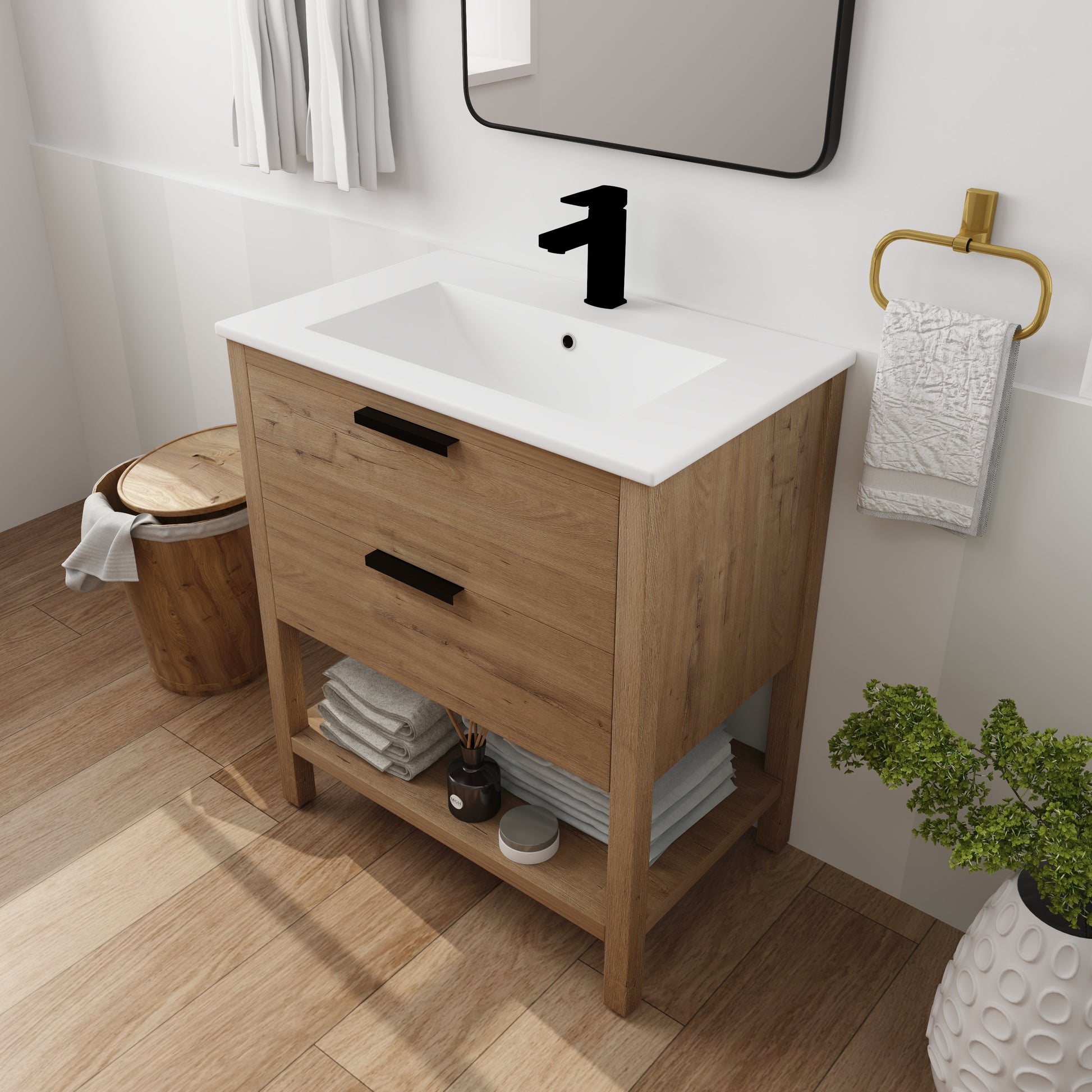 Modern oak vanity with white ceramic sink and matte black faucet