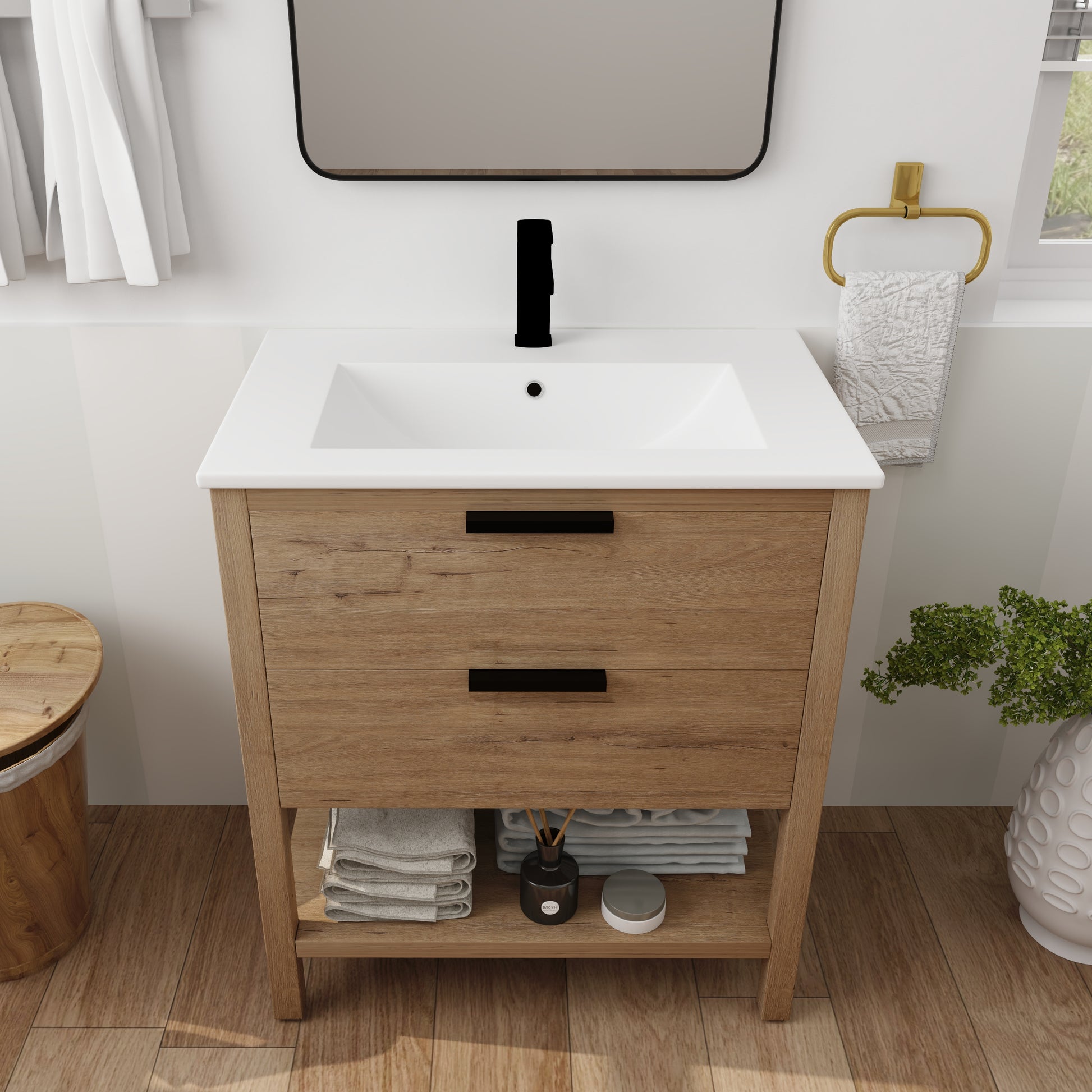 Modern oak bathroom vanity with white ceramic sink and black faucet  drawers