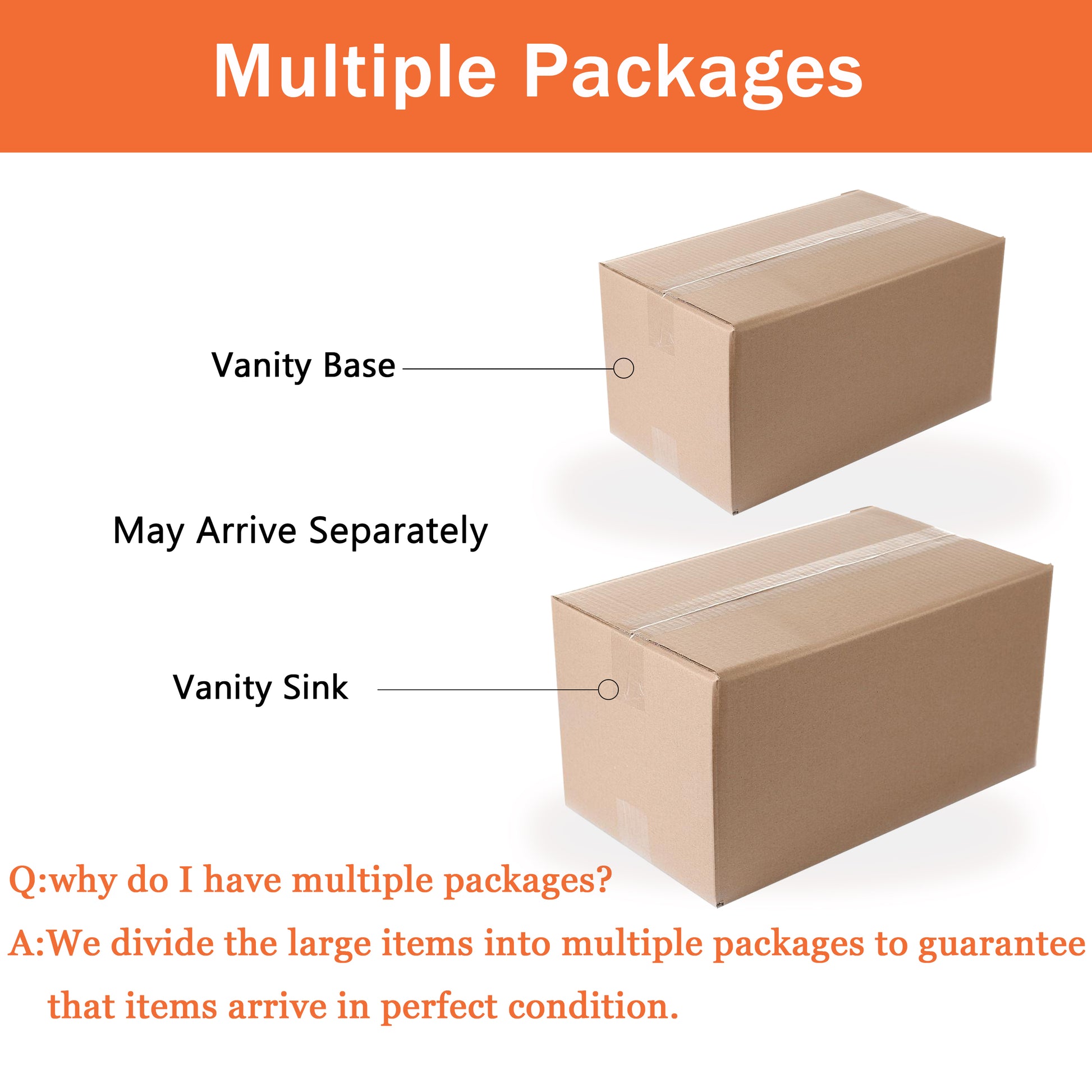 Cardboard box labeled Vanity Base indicating it may arrive separately