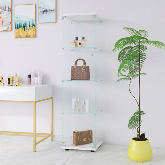 Clear glass display cabinet with four shelves for showcasing collectibles and accessories