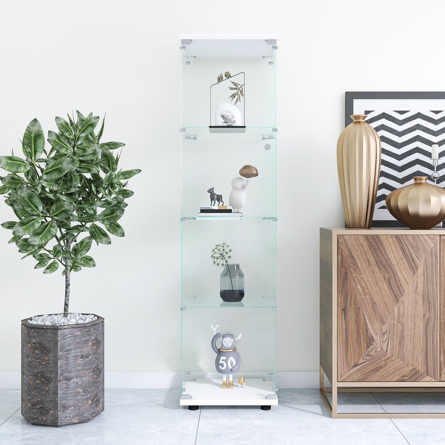 Sleek glass display cabinet with four shelves showcasing modern decor items