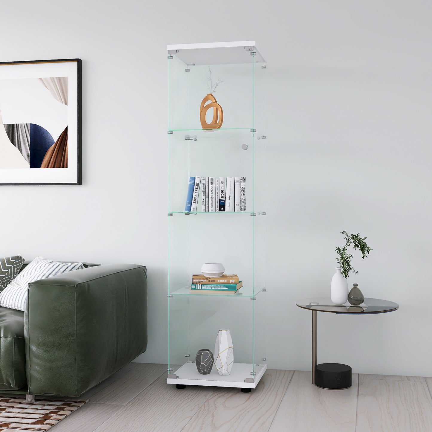 Tall white glass display cabinet with four shelves and modern decor