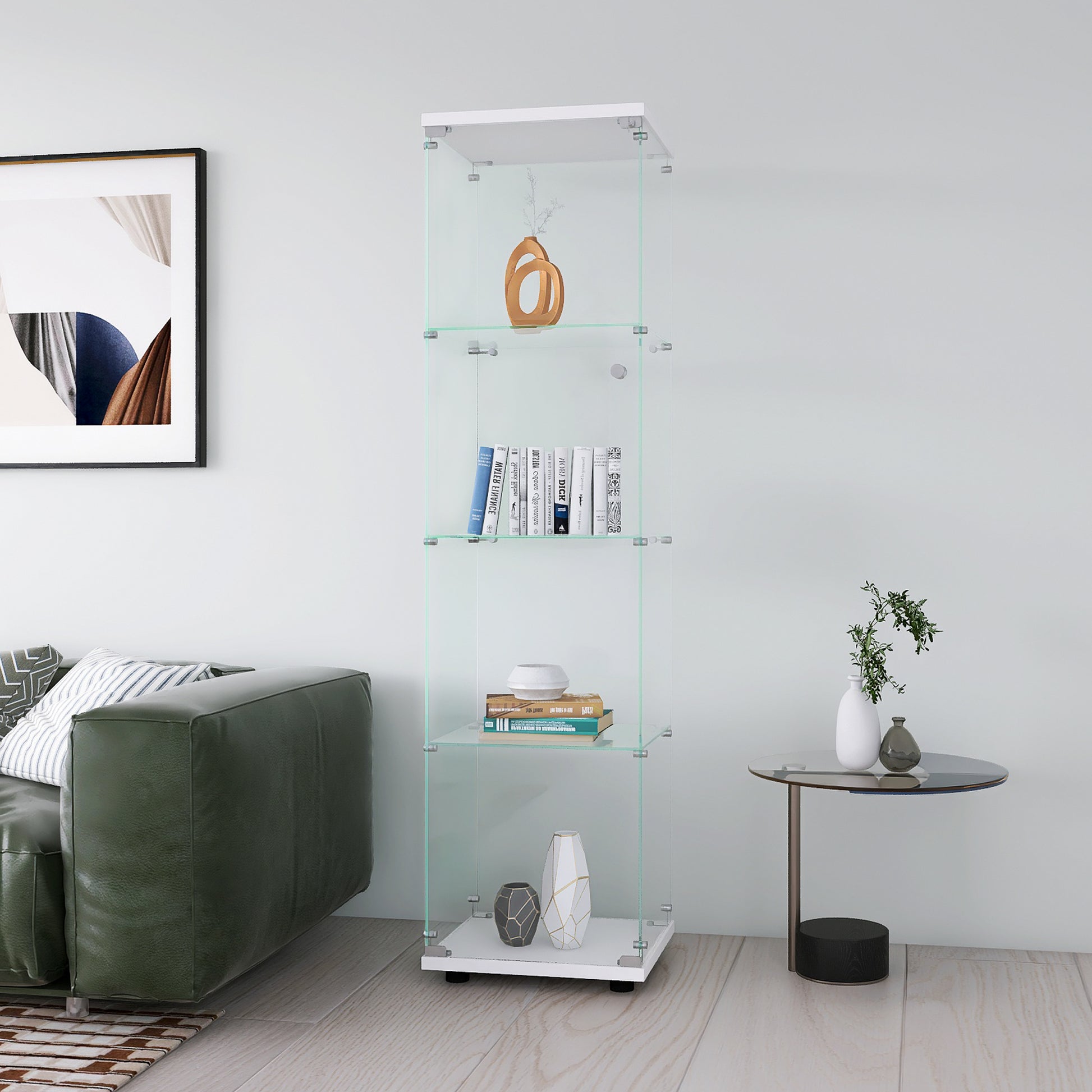 Tall white glass display cabinet with four shelves and modern decor
