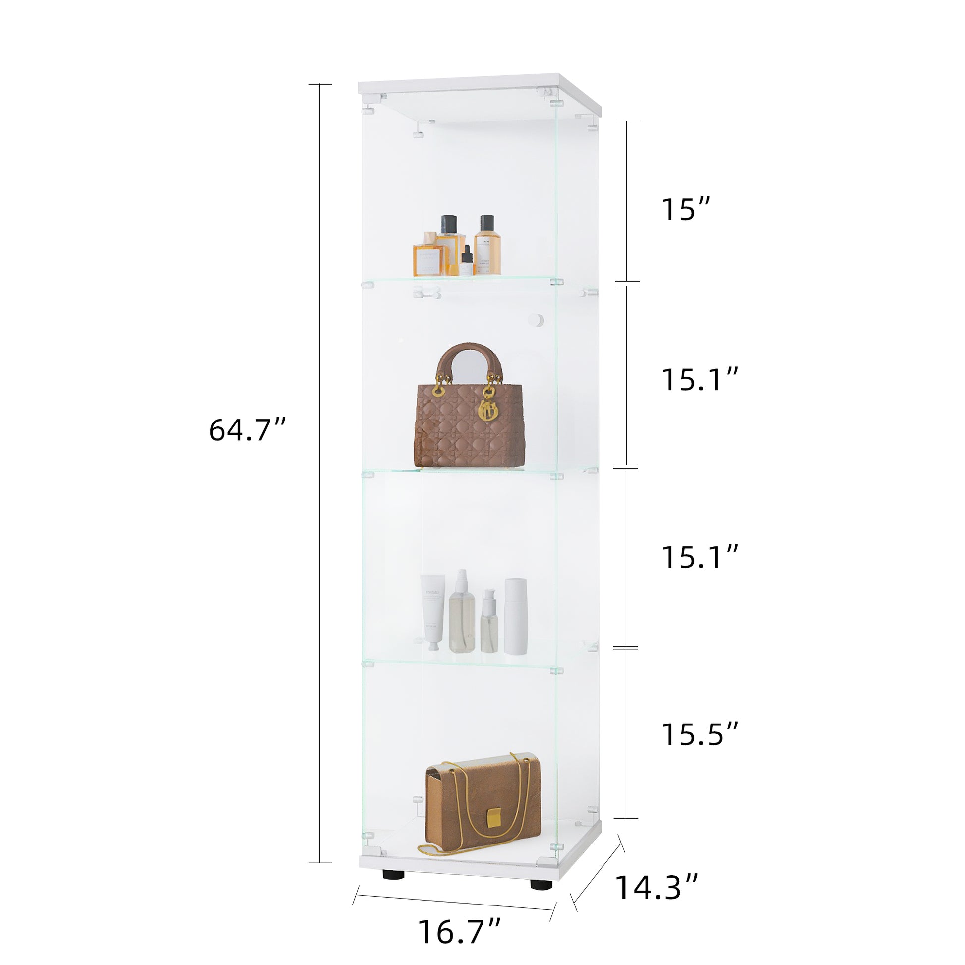 Modern glass display cabinet with clear shelves showcasing perfume bottles a brown handbag and skincare products