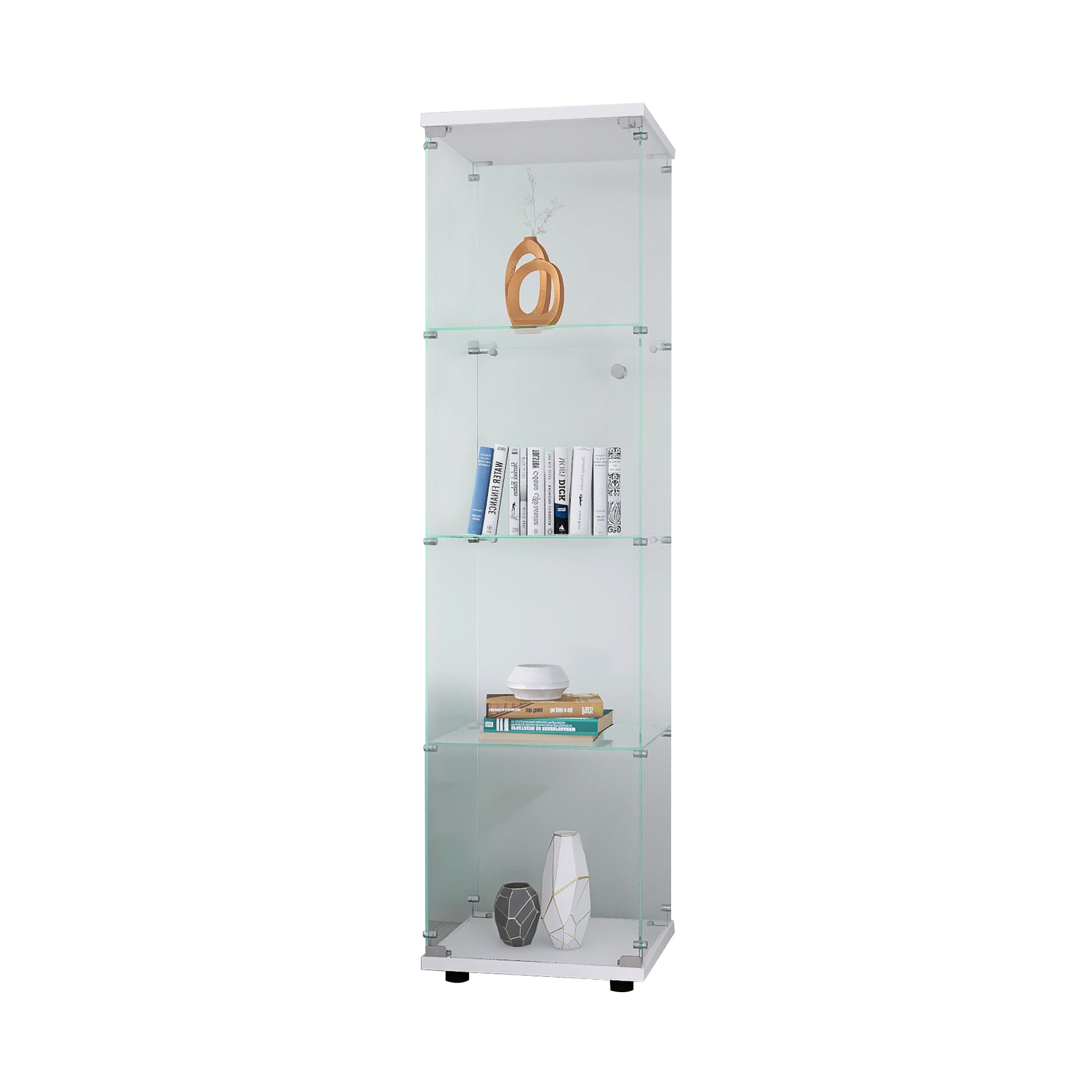 White tall glass display cabinet with gold vase on top shelf