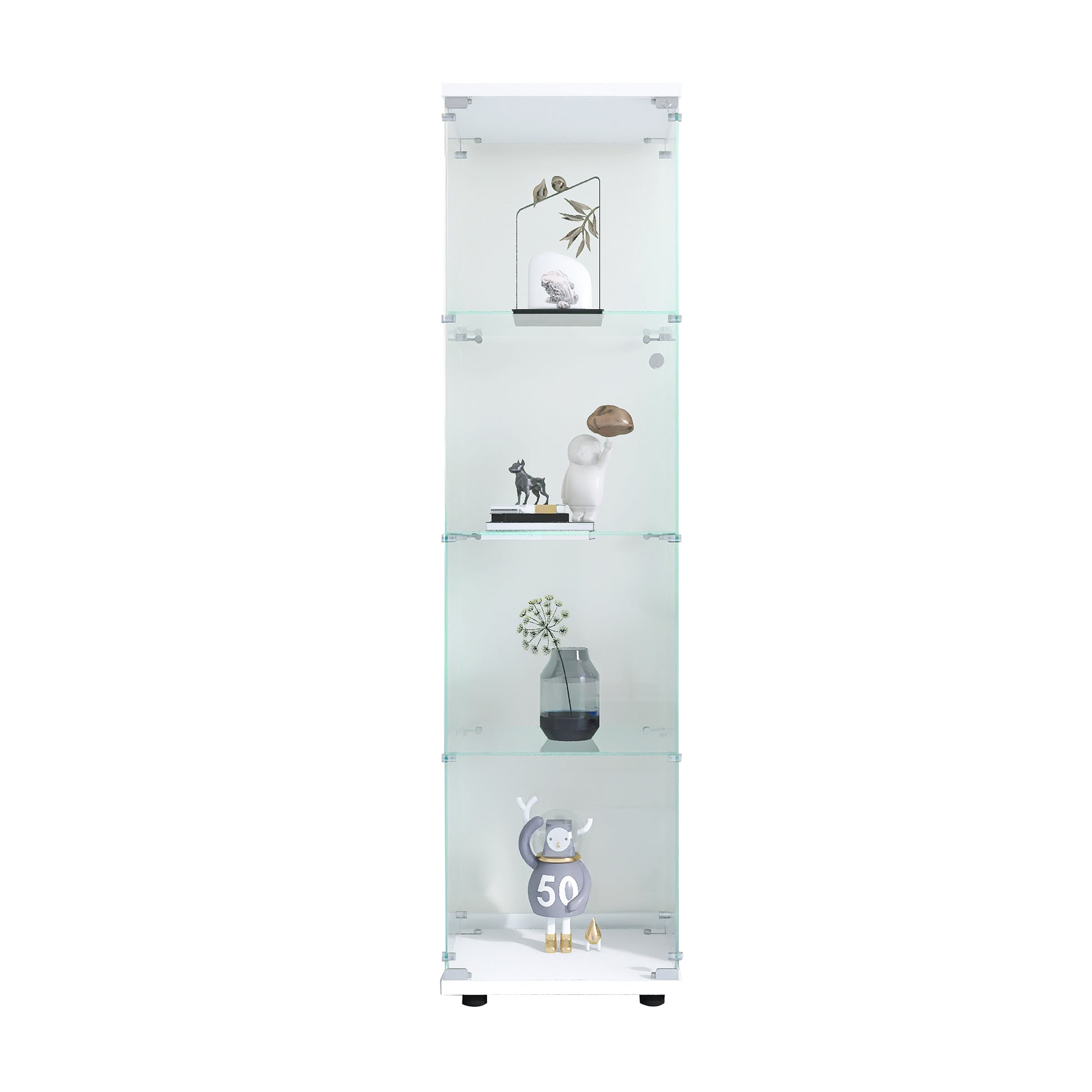 White glass display cabinet with four shelves showcasing decorative items