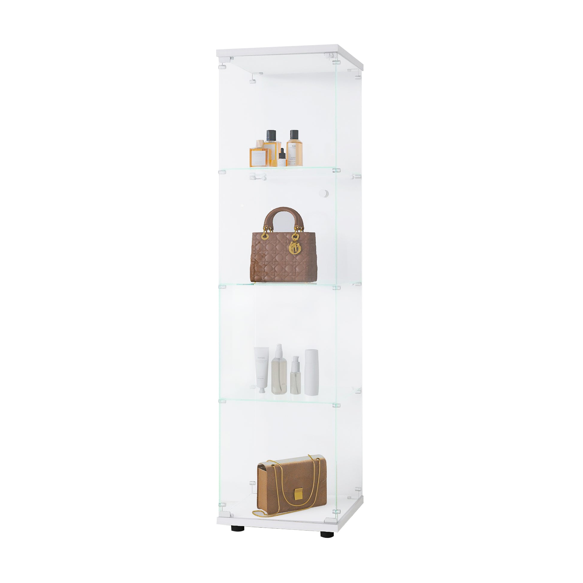 Tall glass display cabinet with clear shelves holding beauty products and handbags
