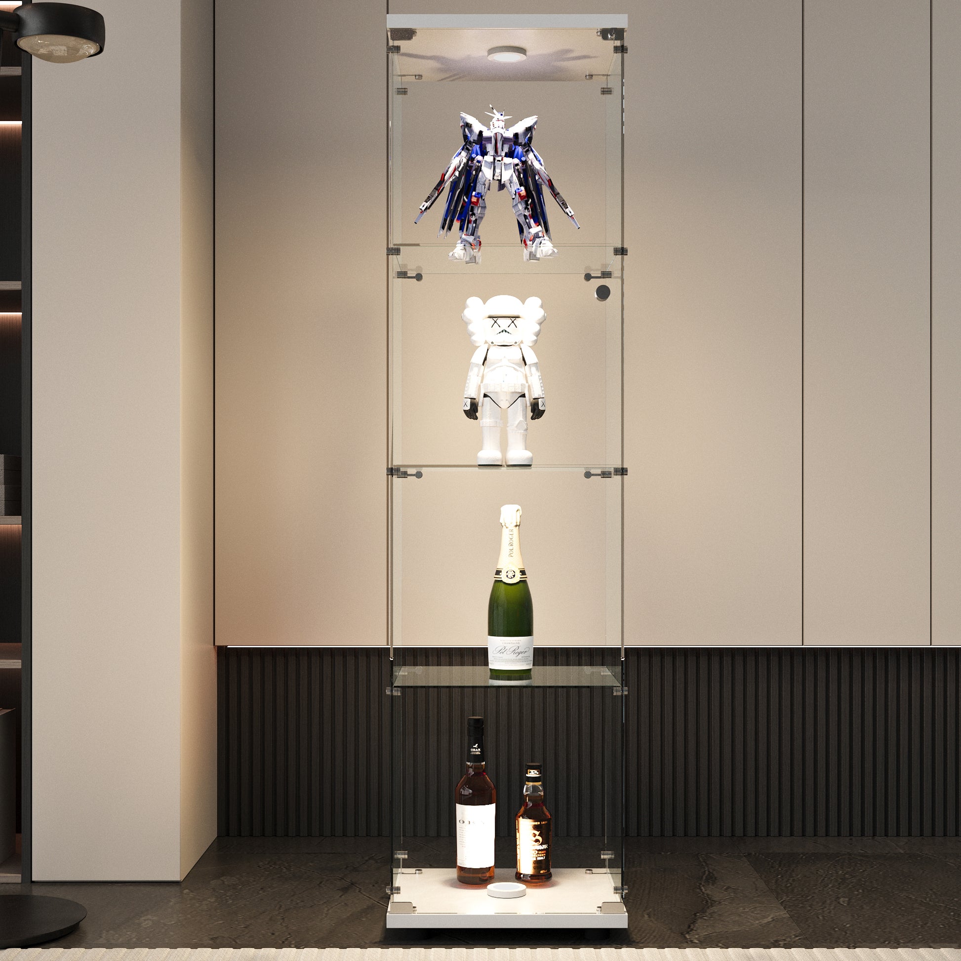 Modern display cabinet with builtin LED light showcasing action figure designer toy and champagne bottle