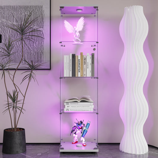 Glass display cabinet with white angel figurine and LED lighting modern display shelf