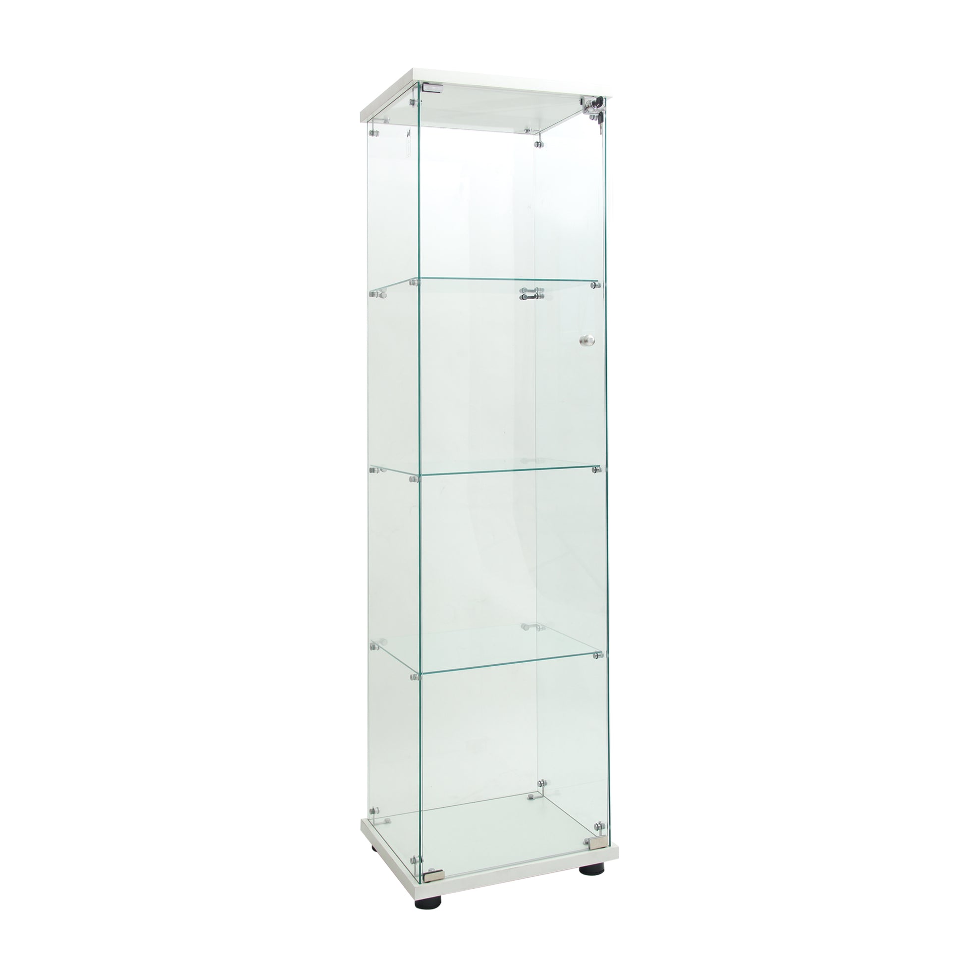 Slim glass display cabinet with four shelves and a locking door perfect for retail