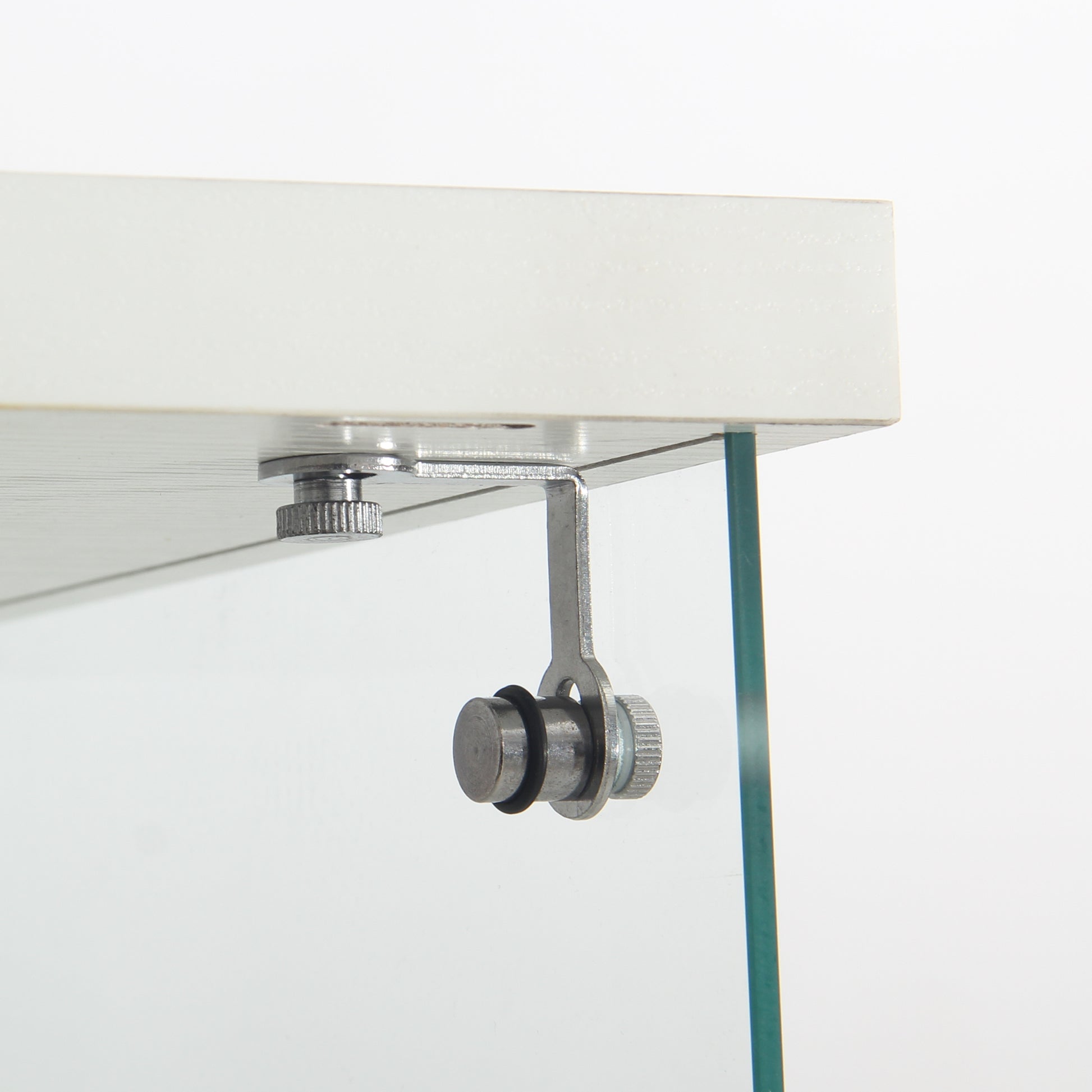 Adjustable glass shelf support bracket with knurled screw detail