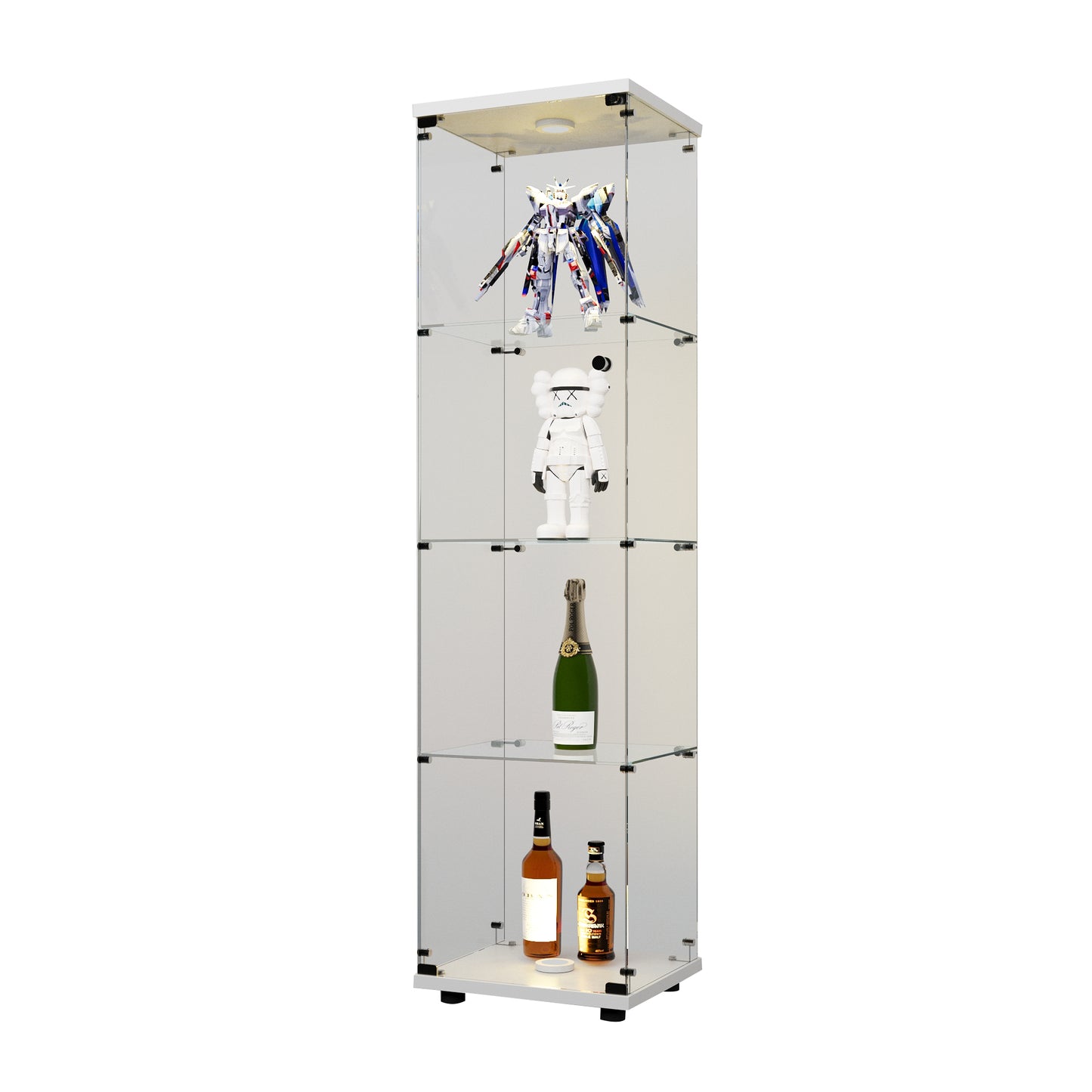Modern white lighted glass display cabinet showcasing anime figure collectible toy and bottles