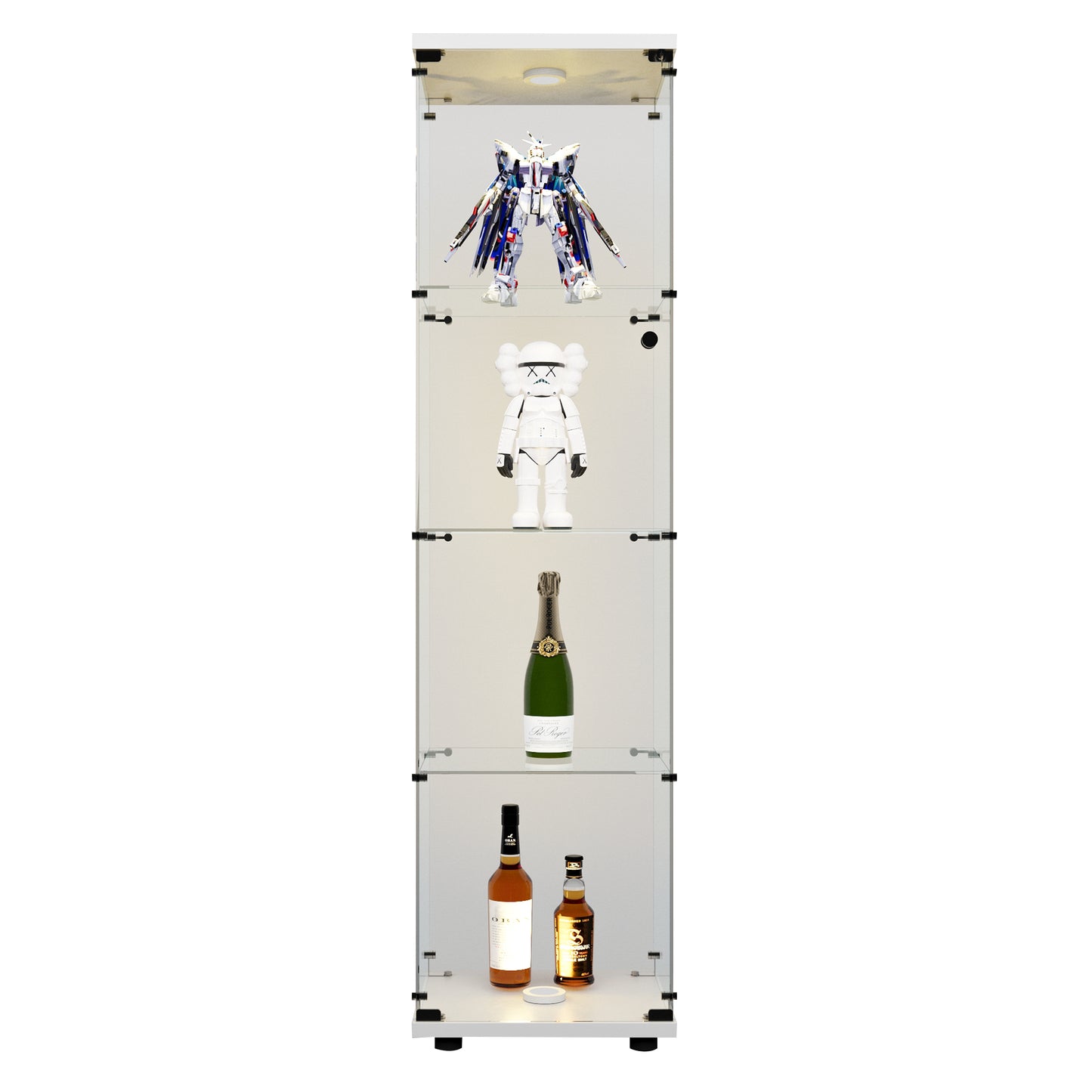 Modern white glass display cabinet with LED lighting showcasing collectibles and liquor