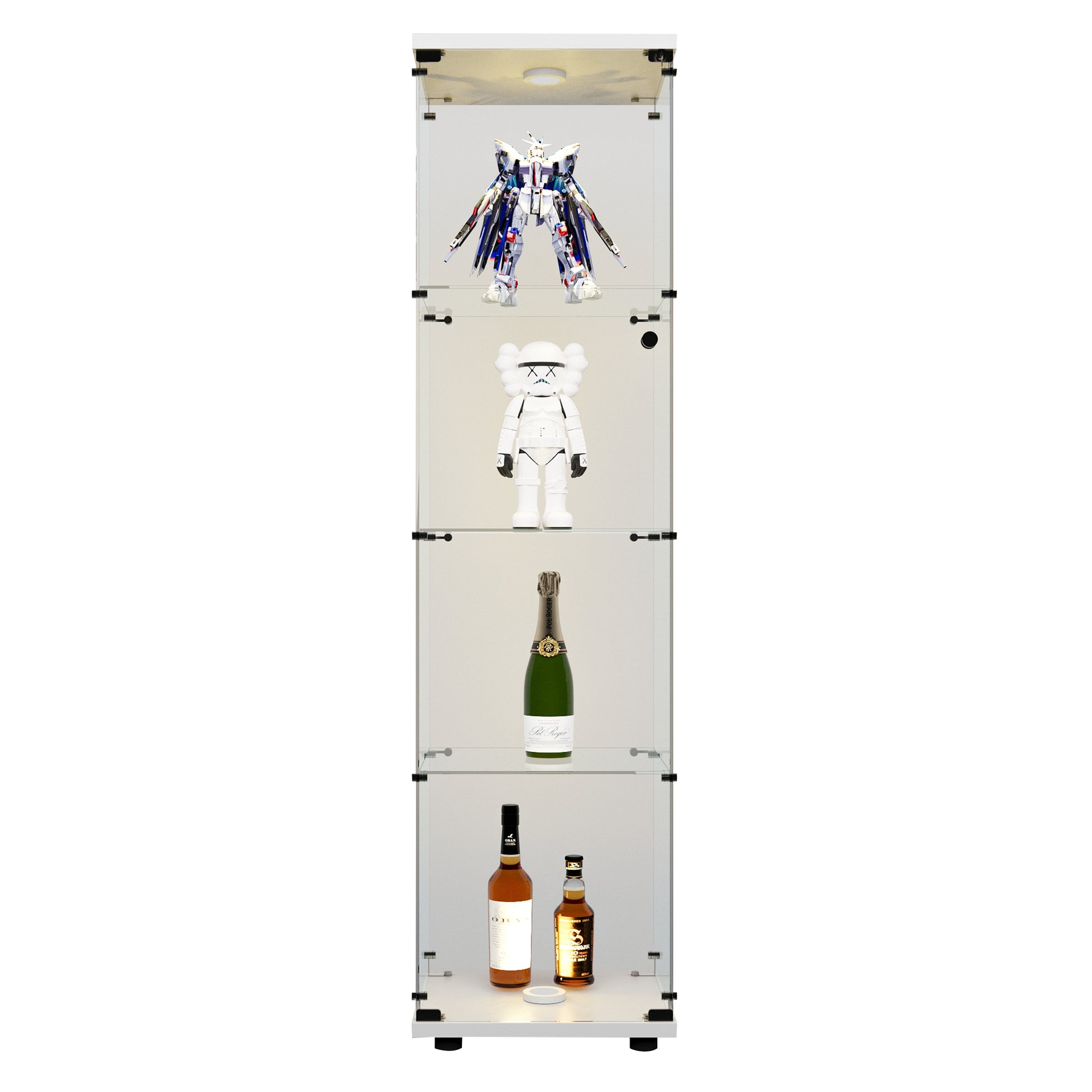 Modern white glass display cabinet with LED lighting showcasing collectibles and liquor