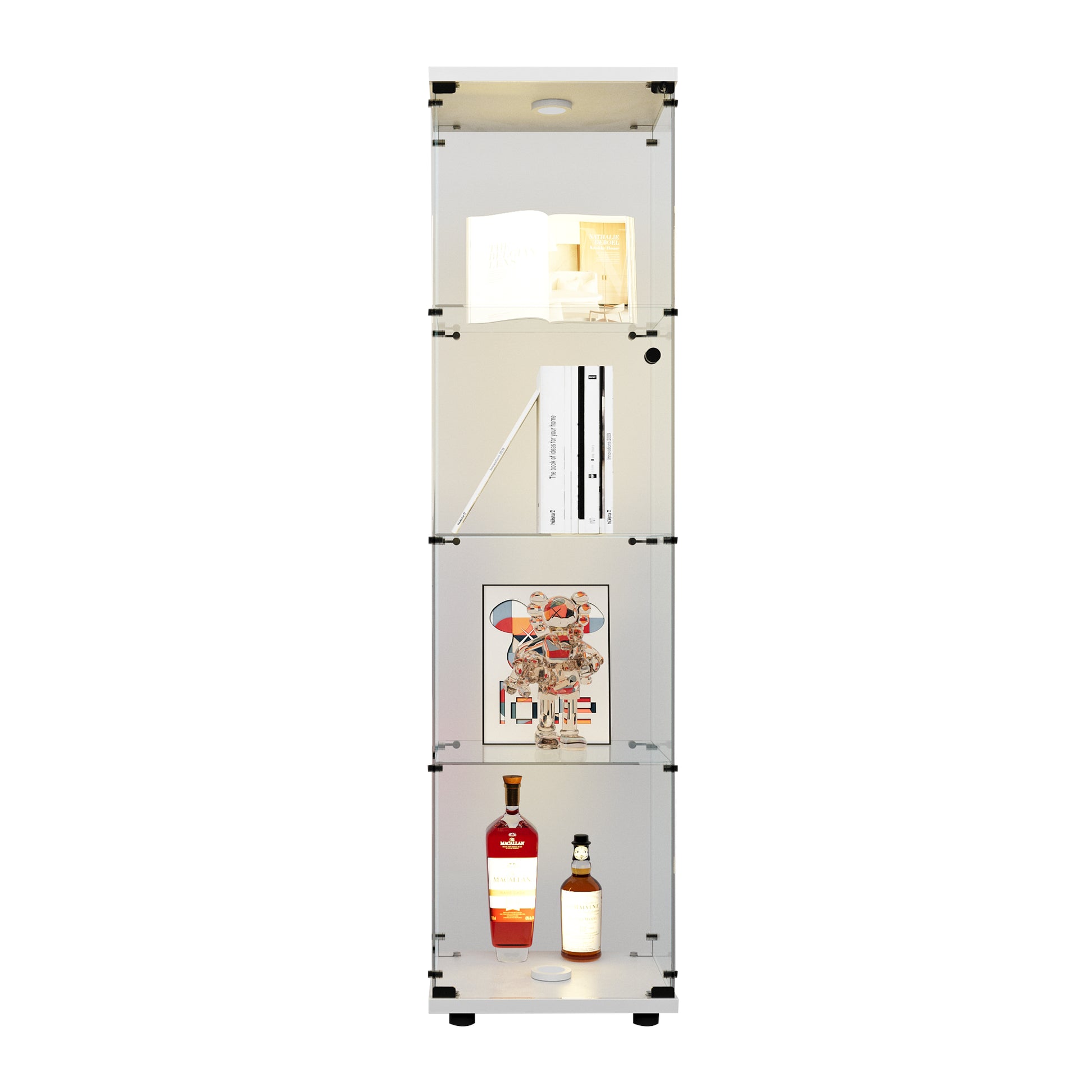 Modern tall glass display cabinet with LED lighting and four shelves
