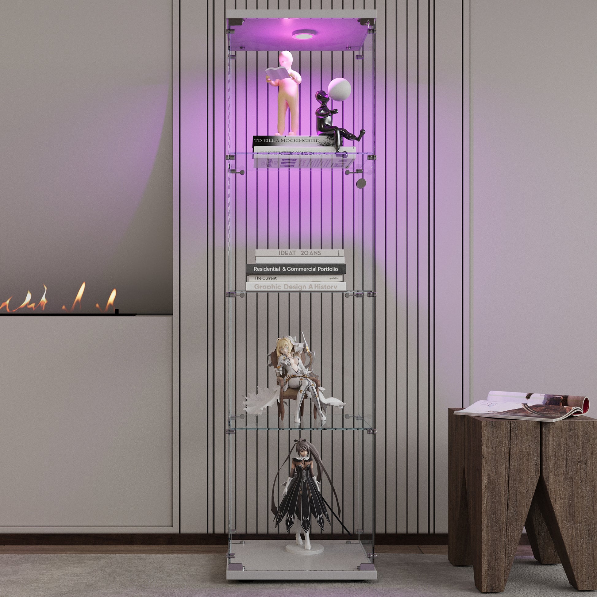 Modern glass display cabinet with LED lighting showcasing collectible figurines and books