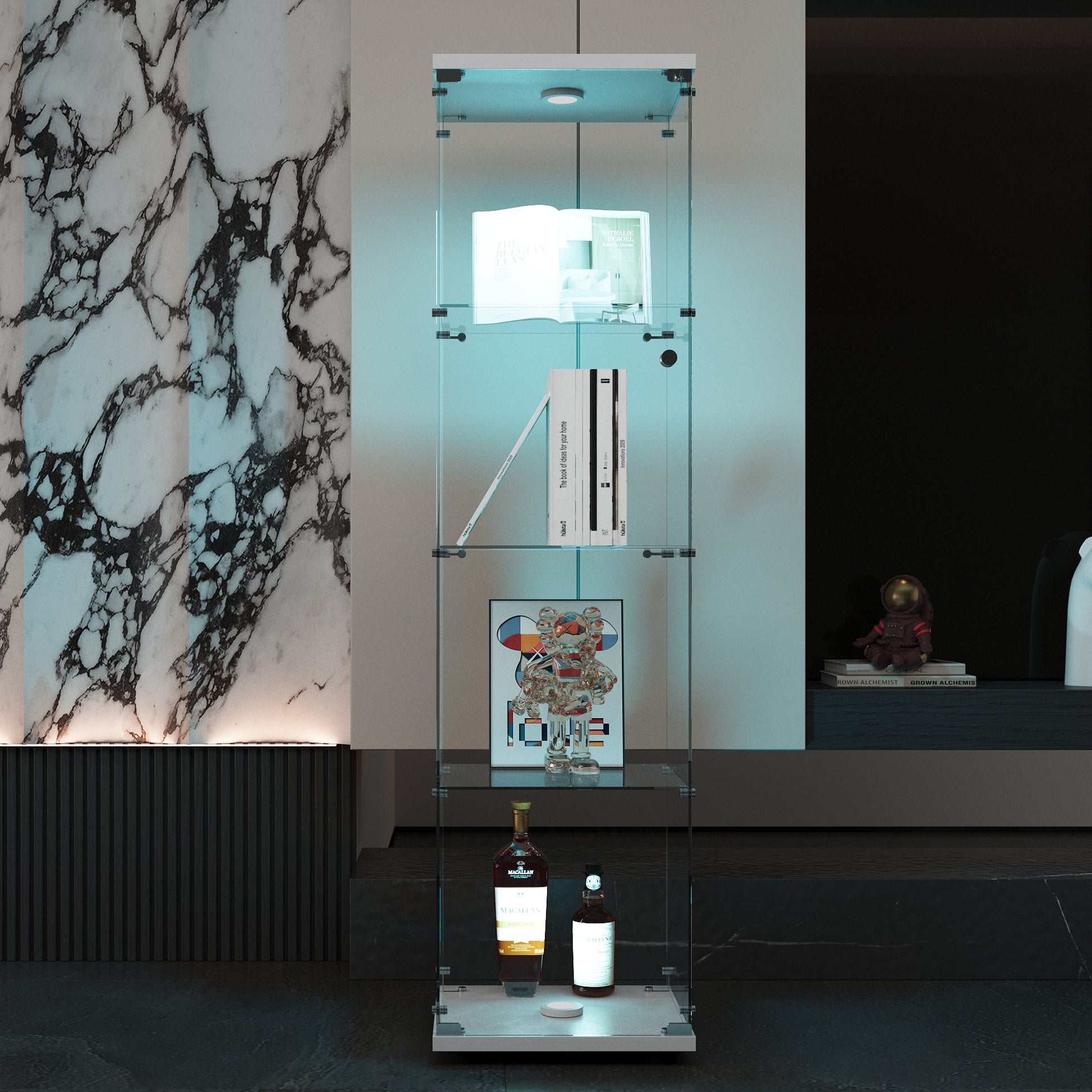 Tall illuminated glass display cabinet showcasing books art and whiskey bottles