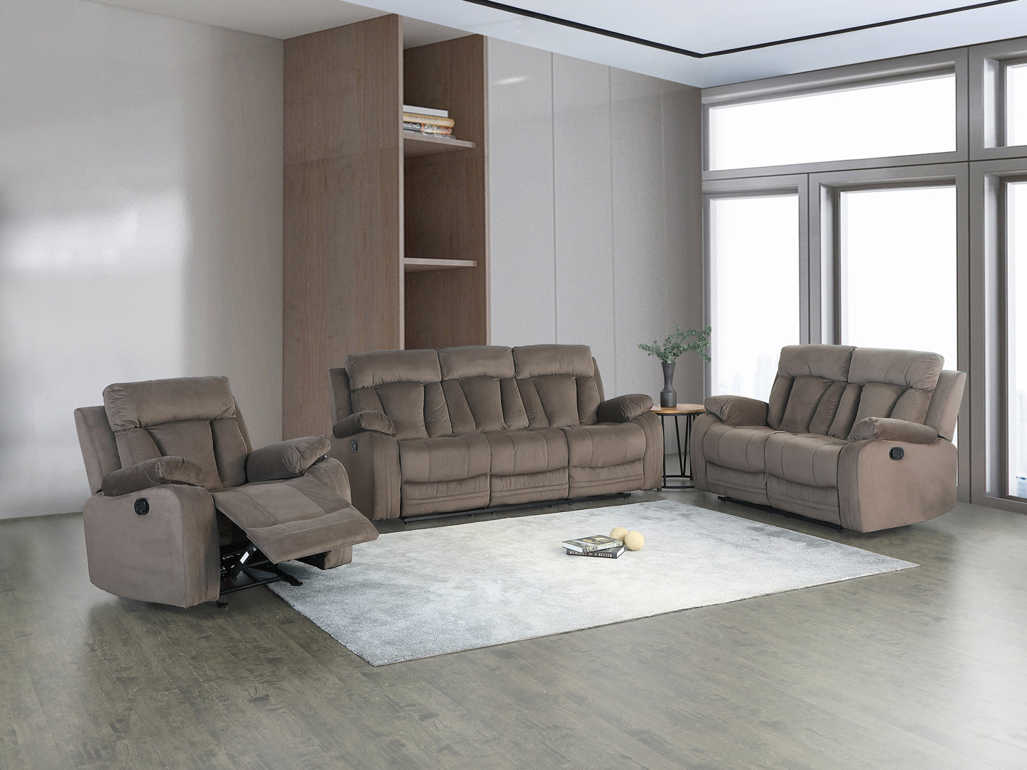 Plush brown fabric recliner chair with padded headrest and armrests