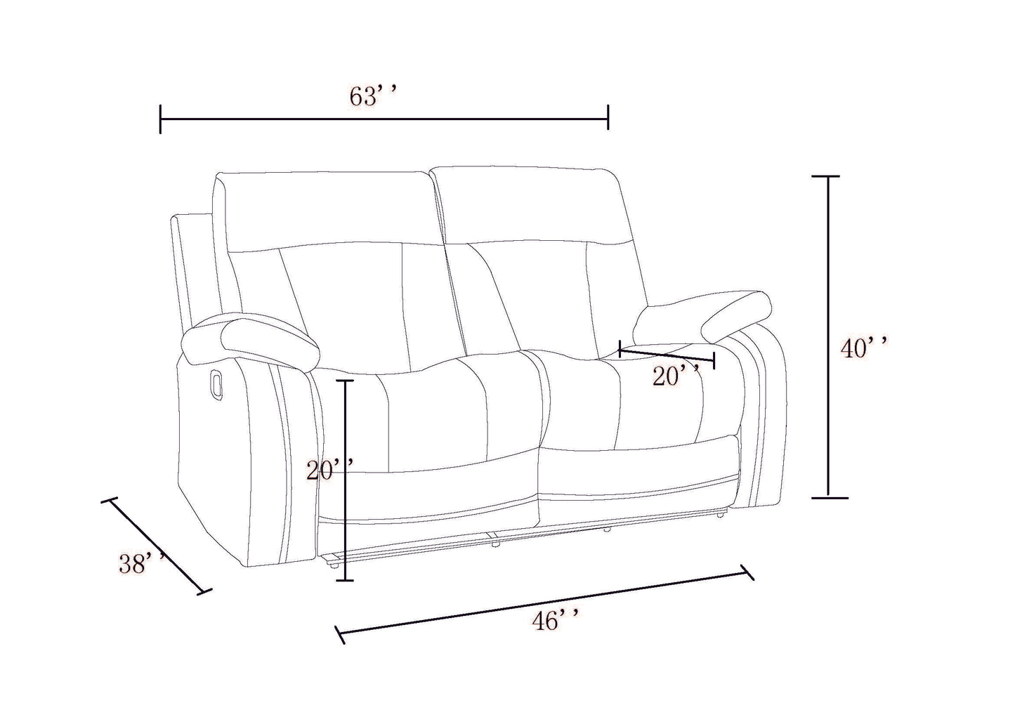 Reclining loveseat diagram showing  inch width  inch height  inch depth and  inch seat depth