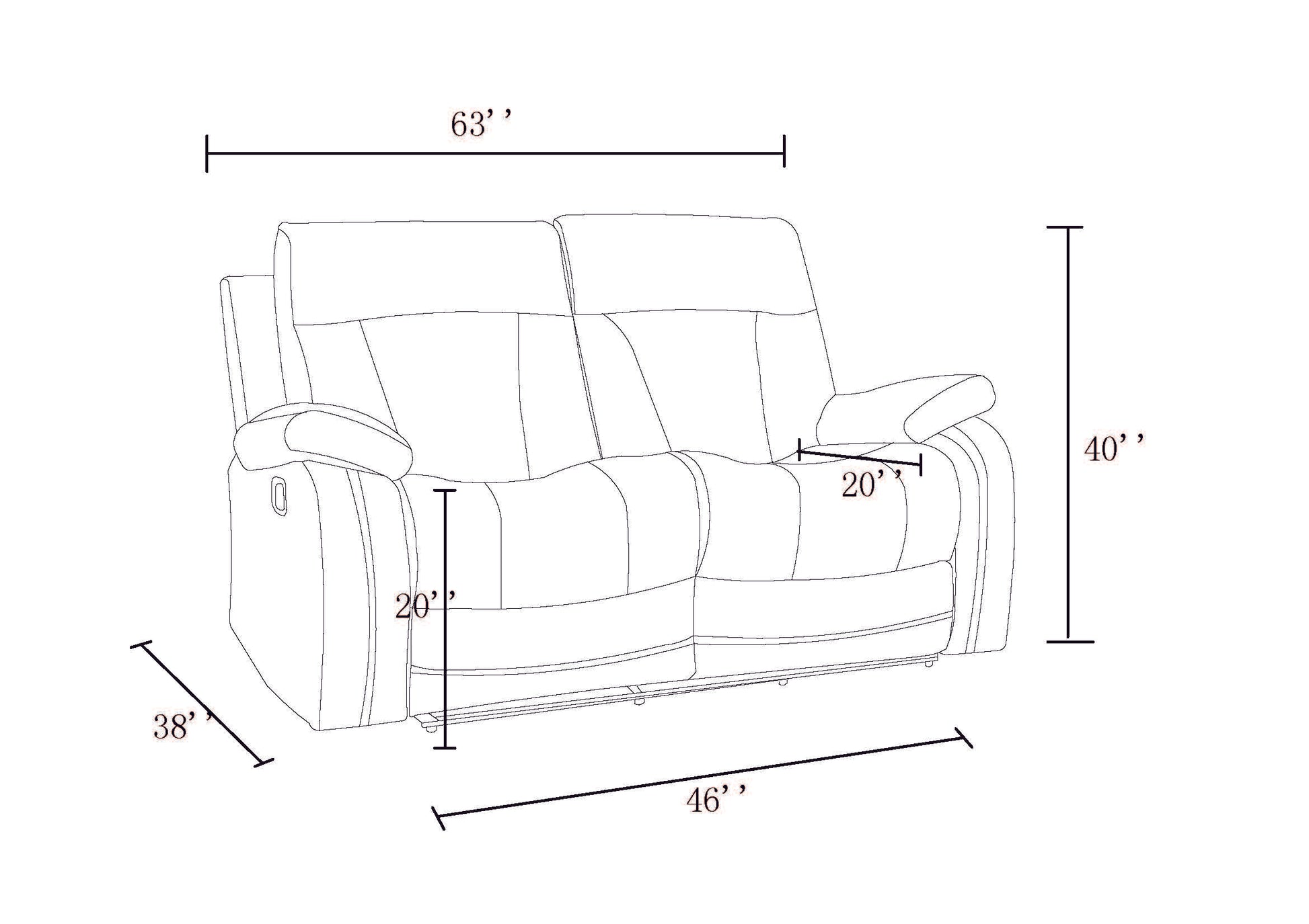 Reclining loveseat diagram showing  inch width  inch height  inch depth and  inch seat depth