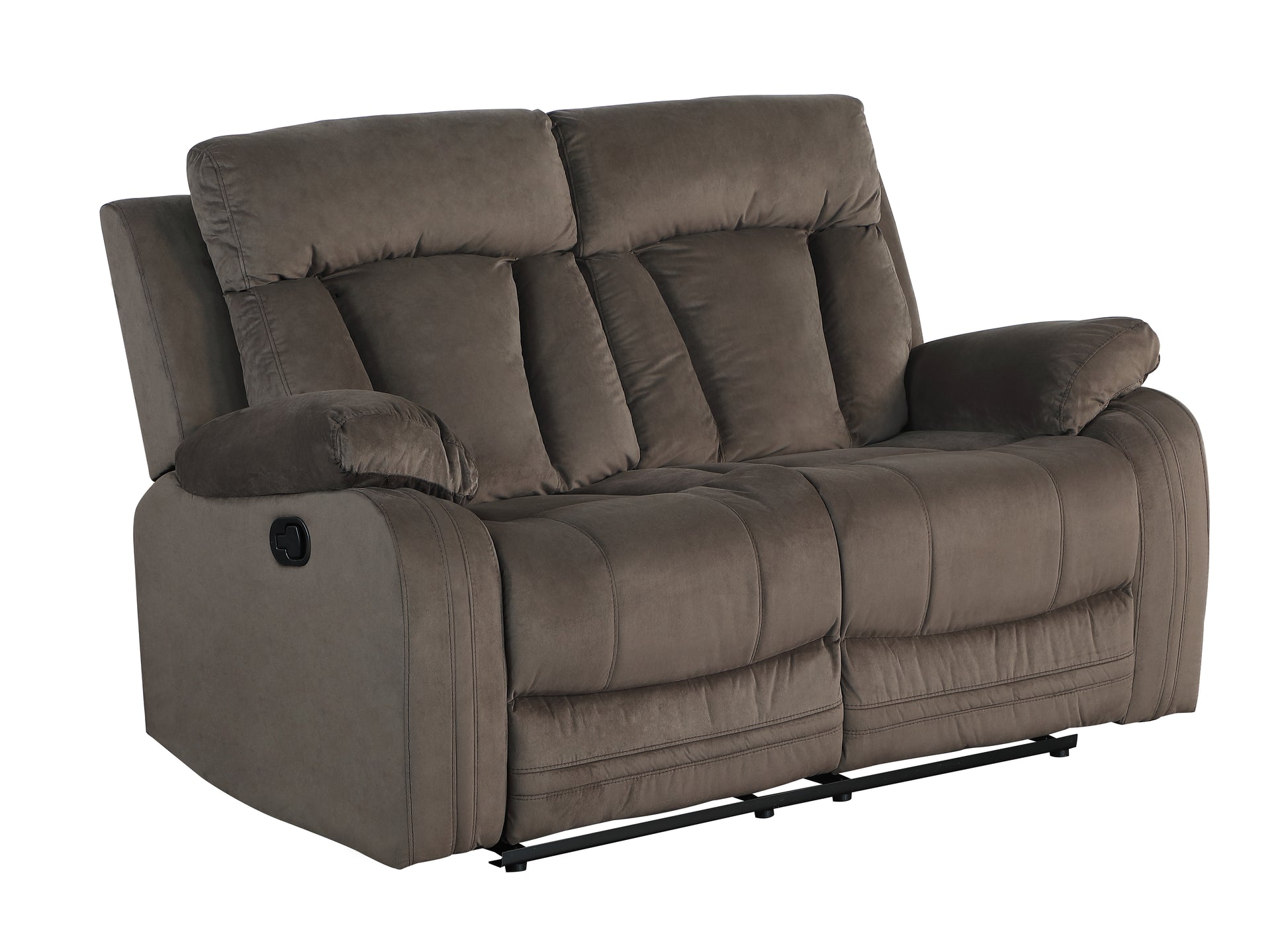 Taupe fabric loveseat recliner with plush tufted back cushions and padded arms
